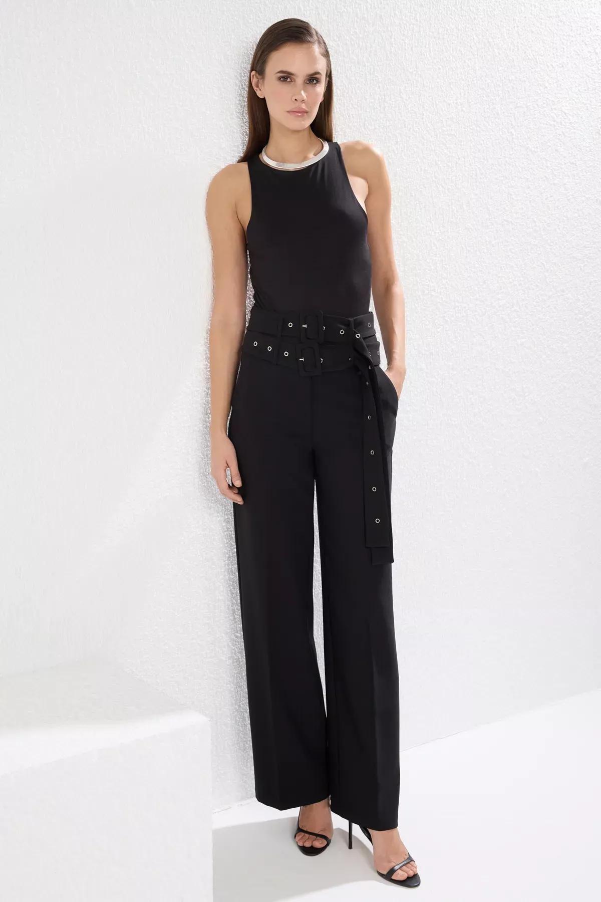 Black Double Belt Woven Trousers, , large image number 1