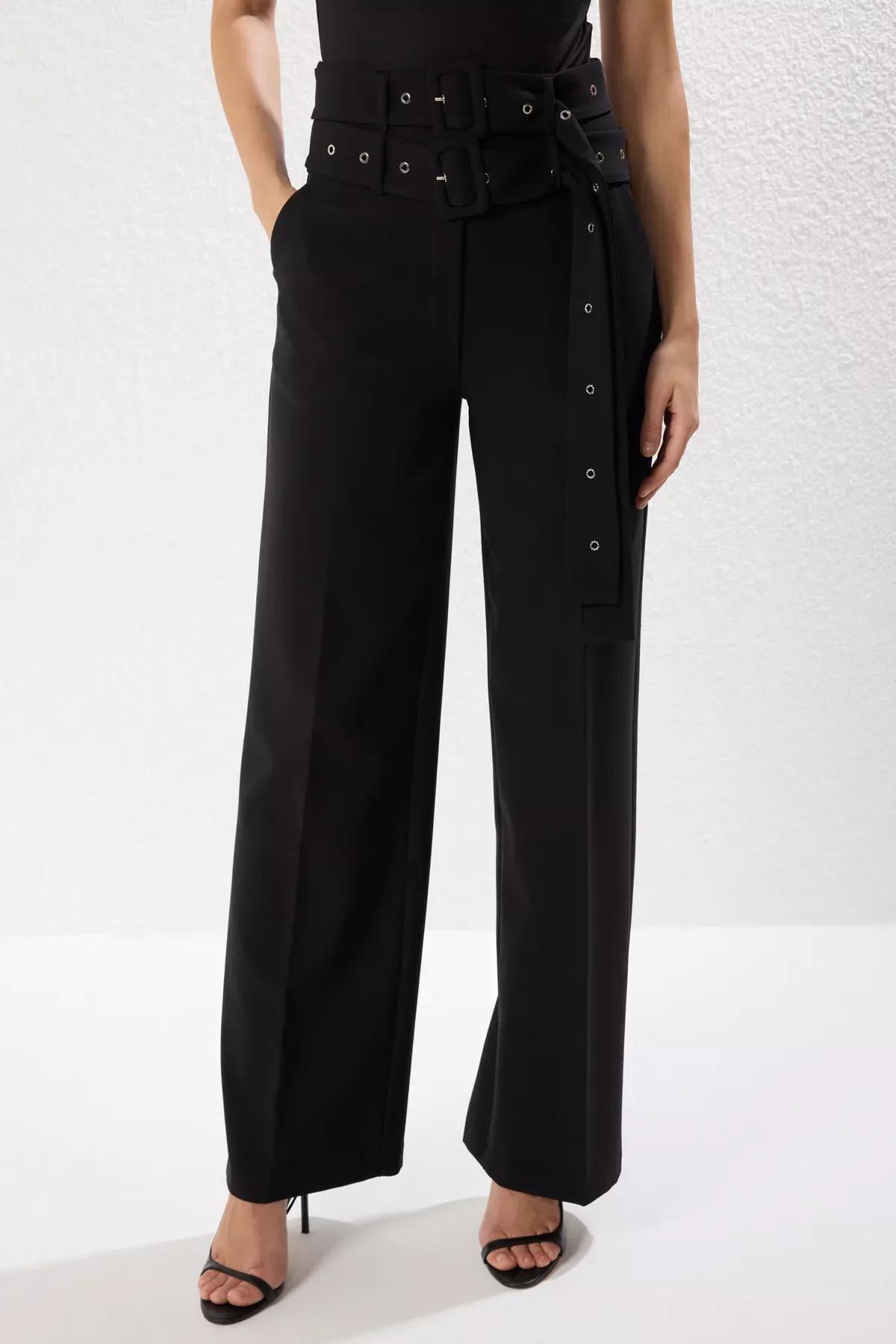 Black Double Belt Woven Trousers, , large image number 2