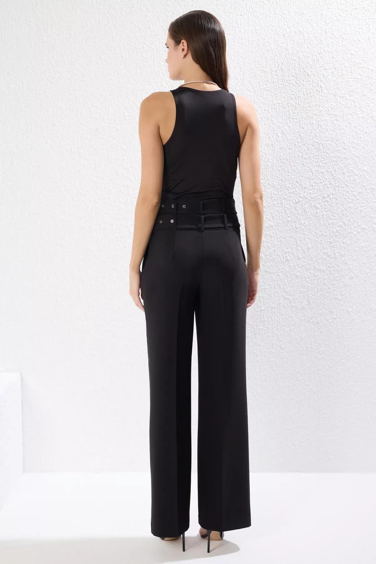 Black Double Belt Woven Trousers, , large image number 4