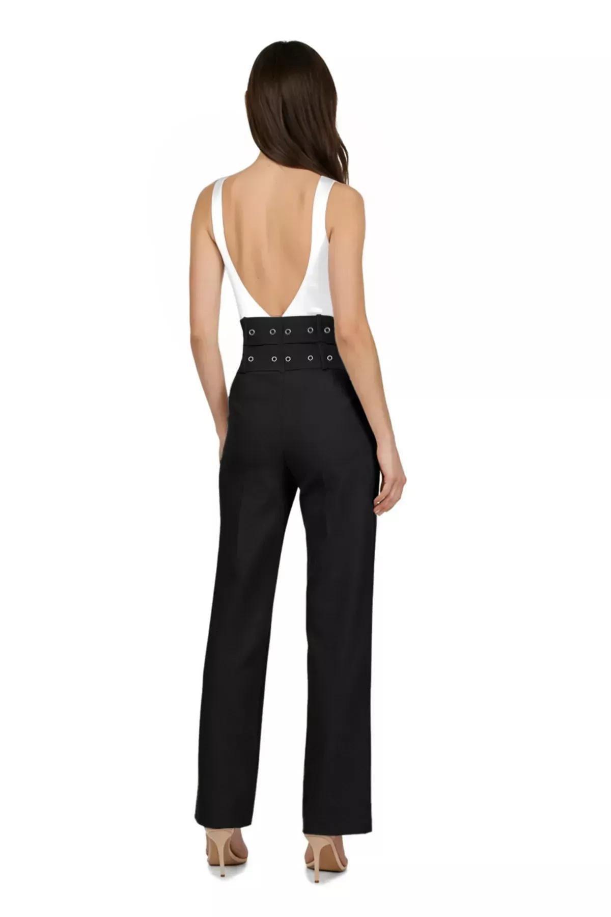 بنطال منسوج بحزام مزدوج، أسود, BLACK, large image number 5