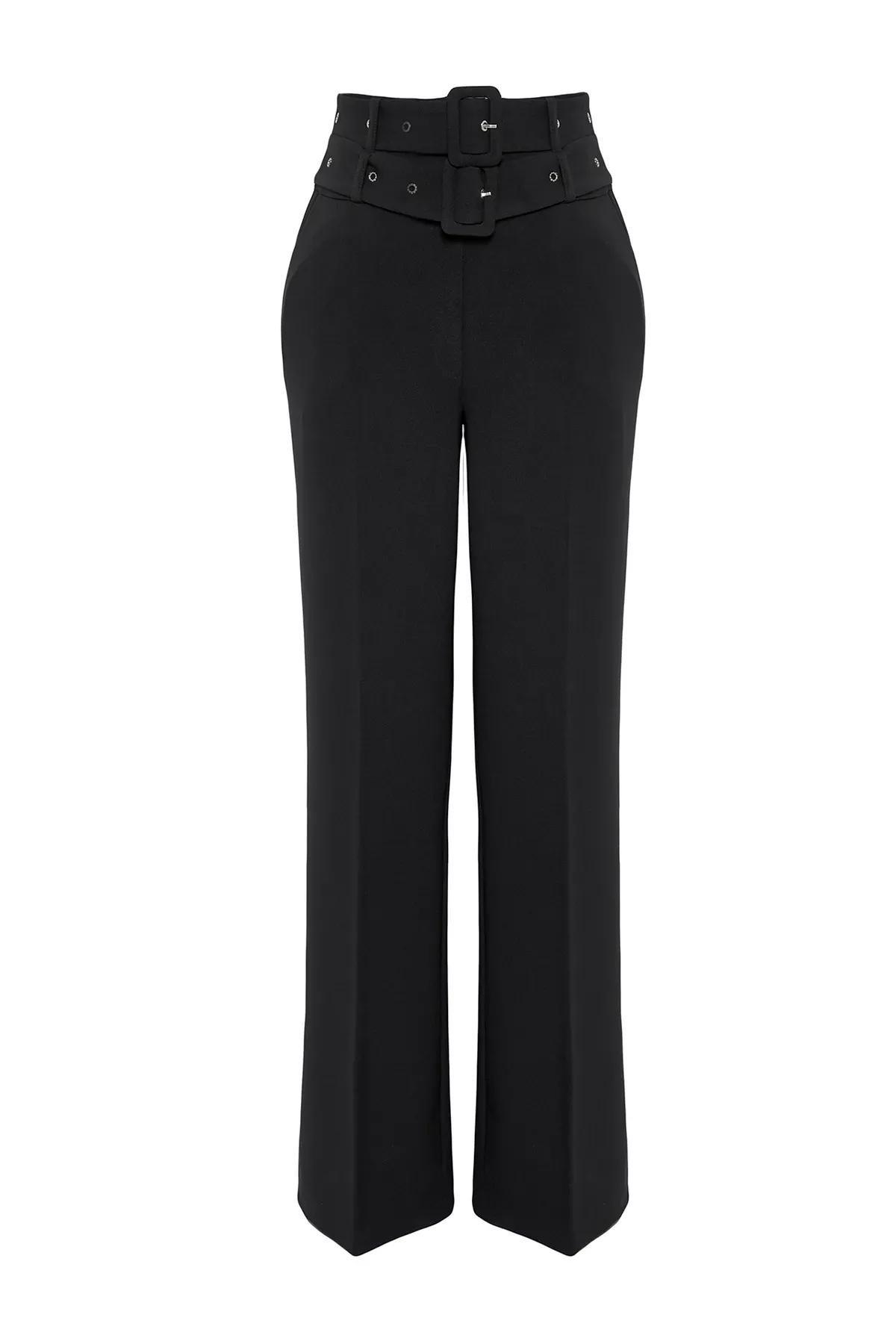 Black Double Belt Woven Trousers, , large image number 6