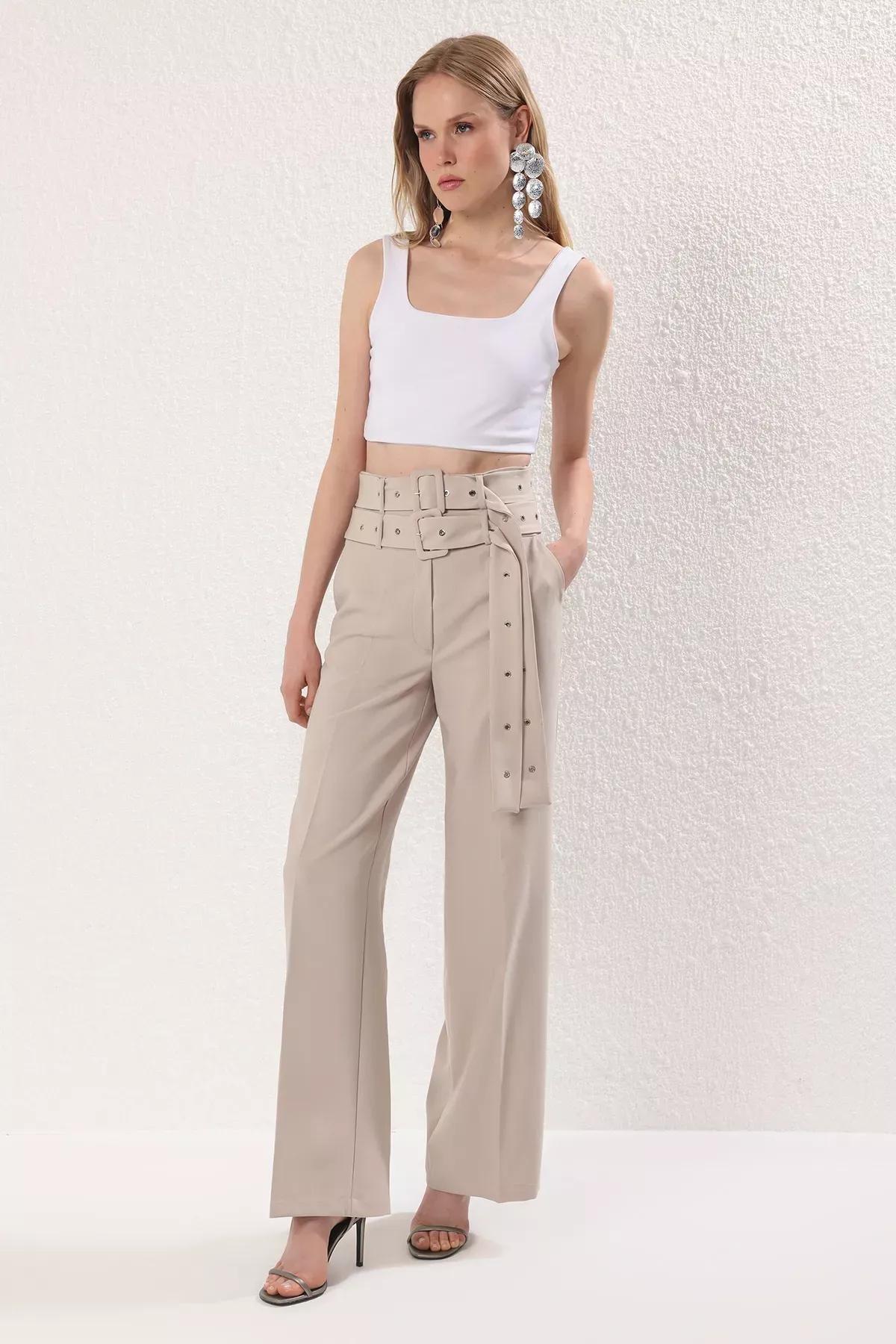 Beige Belted Woven Trousers, STONE, large image number 0