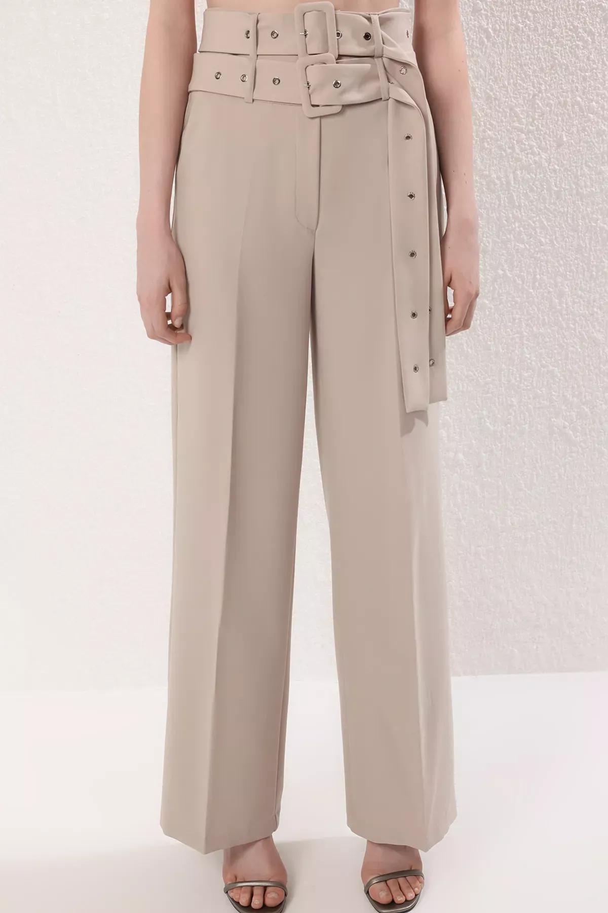 Beige Belted Woven Trousers, STONE, large image number 1