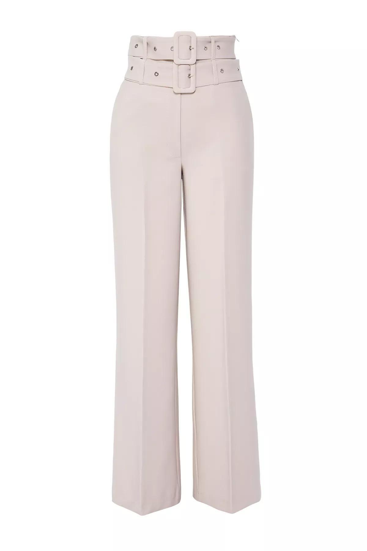 Beige Belted Woven Trousers, STONE, large image number 2