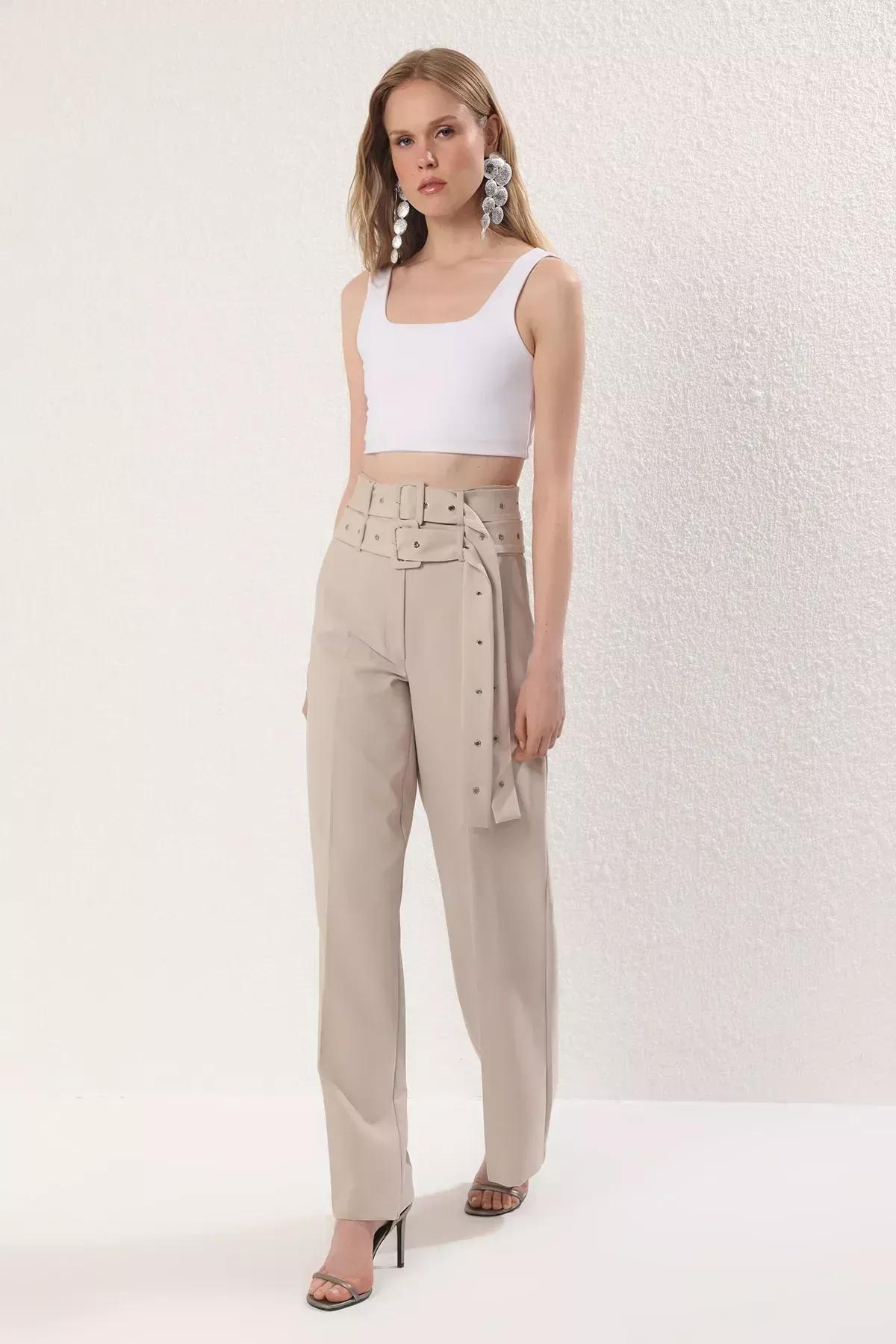 Beige Belted Woven Trousers, STONE, large image number 3