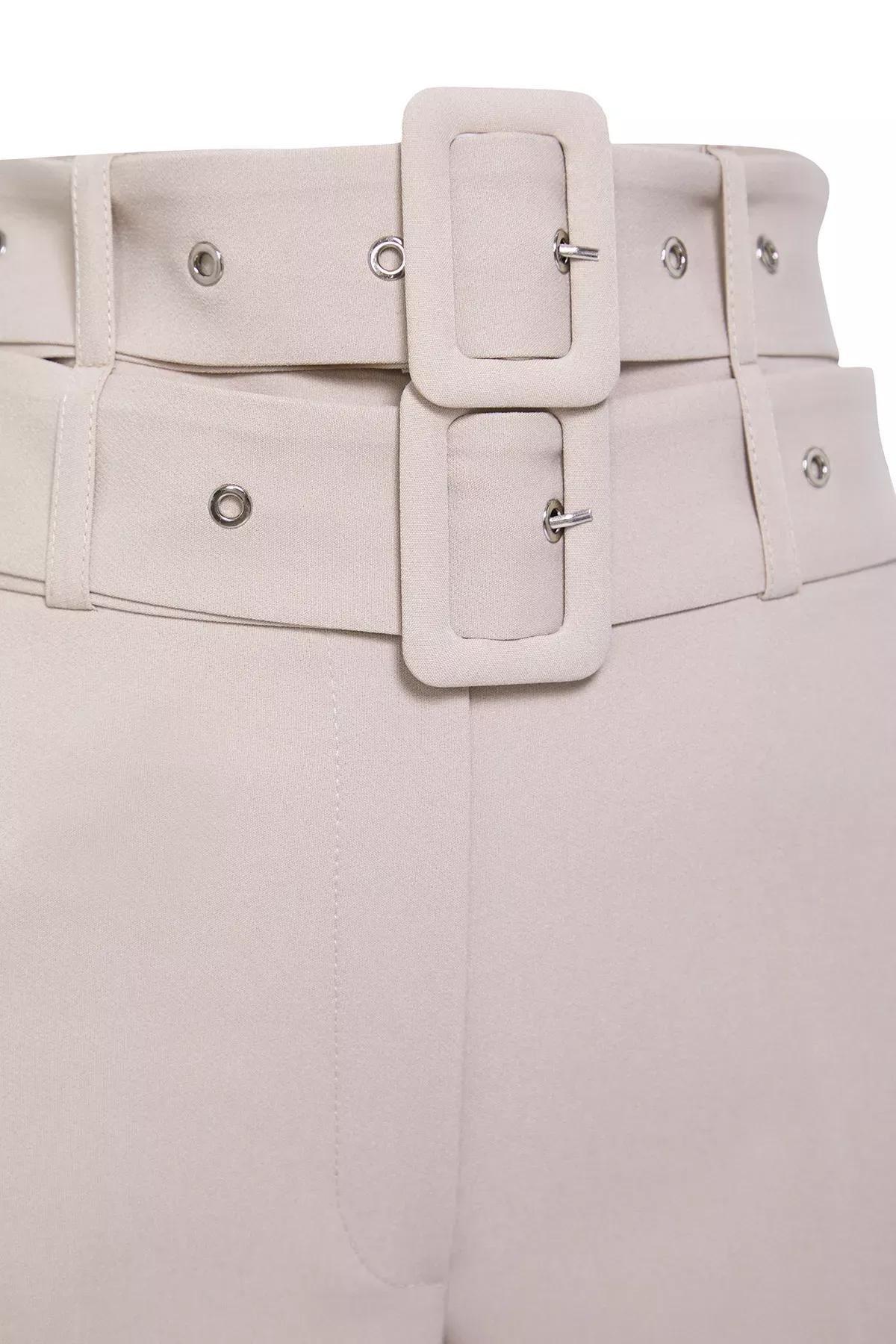 Beige Belted Woven Trousers, STONE, large image number 4