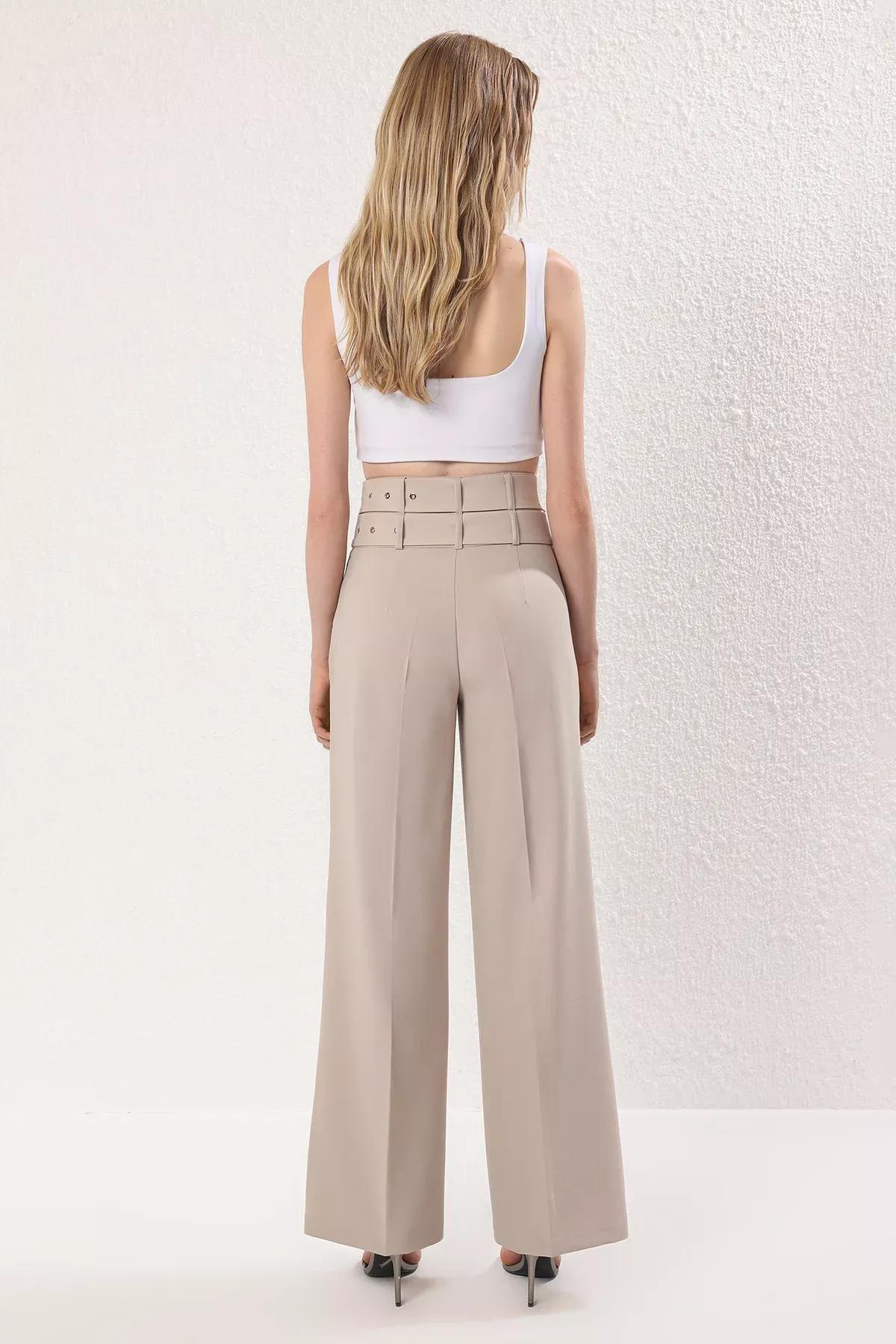 Beige Belted Woven Trousers, STONE, large image number 5