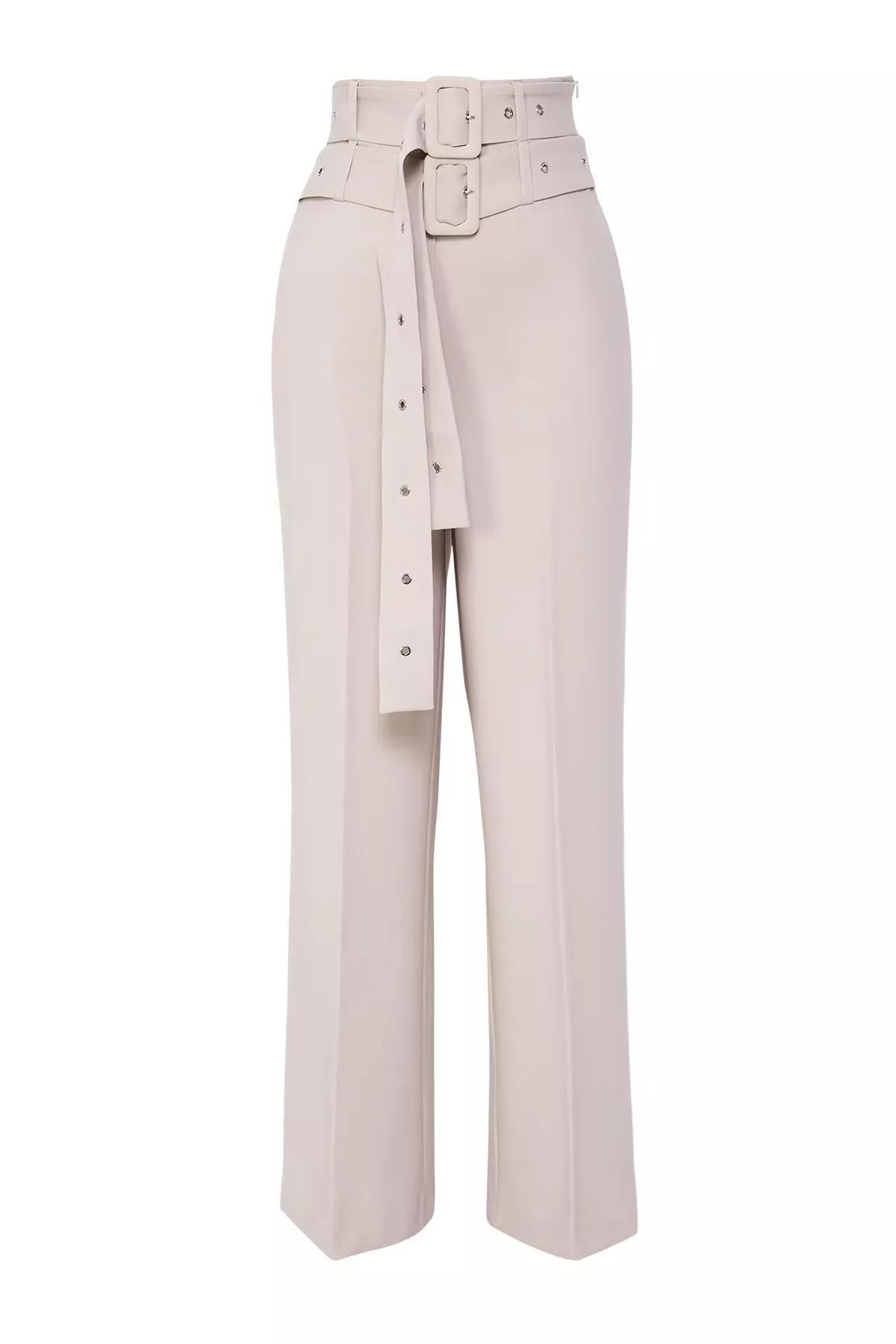 Beige Belted Woven Trousers, STONE, large image number 6
