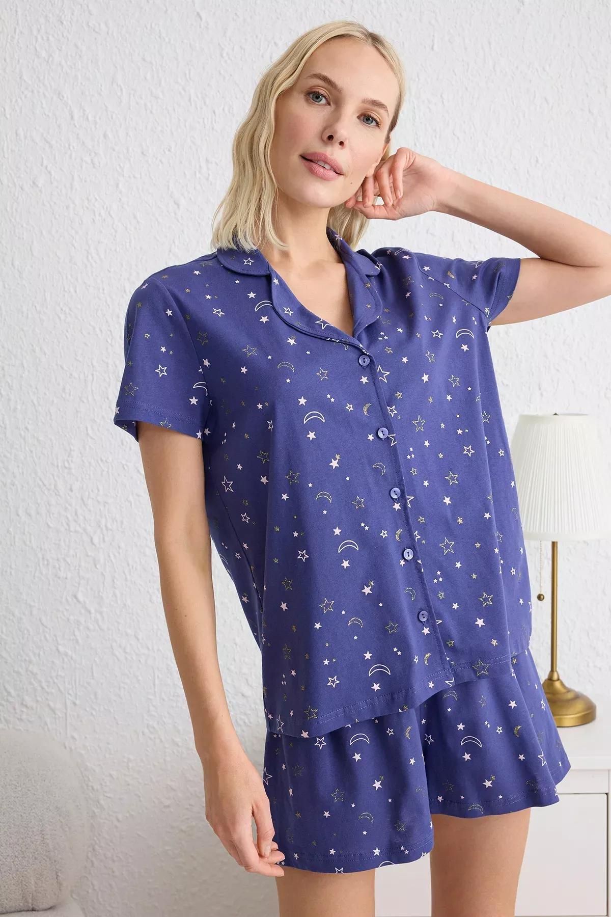 Blue Galaxy Patterned Knitted Pyjamas Set, , large image number 1