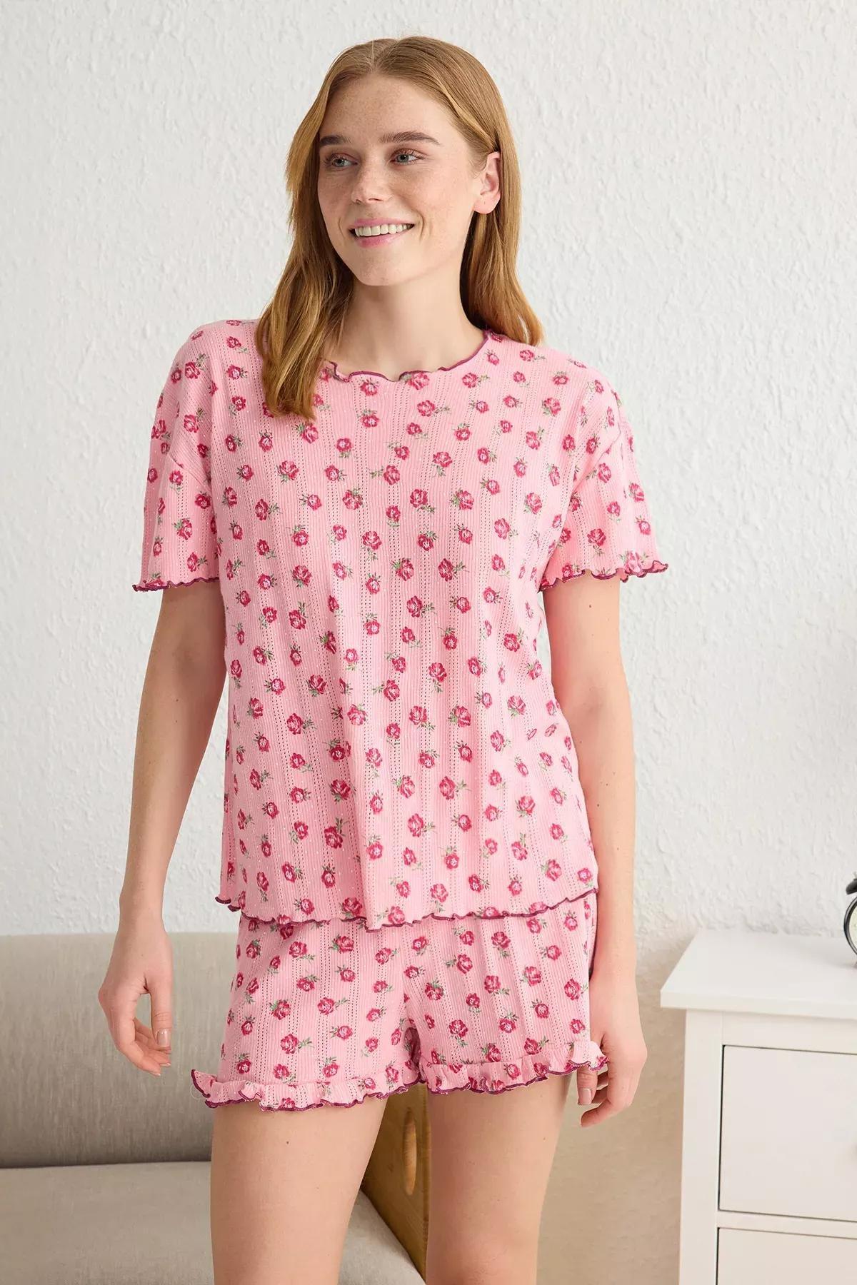 Pink Floral Pointel Openwork Pajama Set, , large image number 0