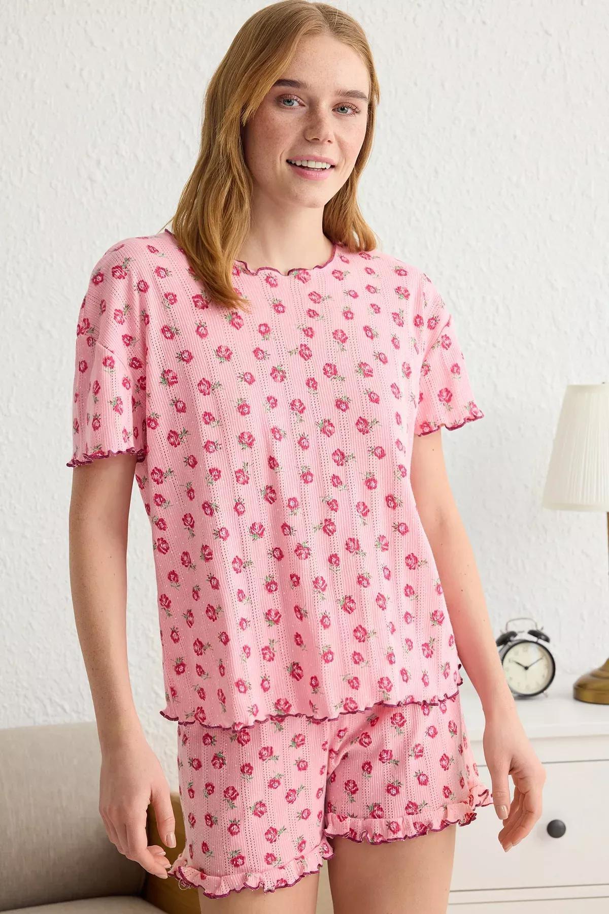Pink Floral Pointel Openwork Pajama Set, , large image number 2