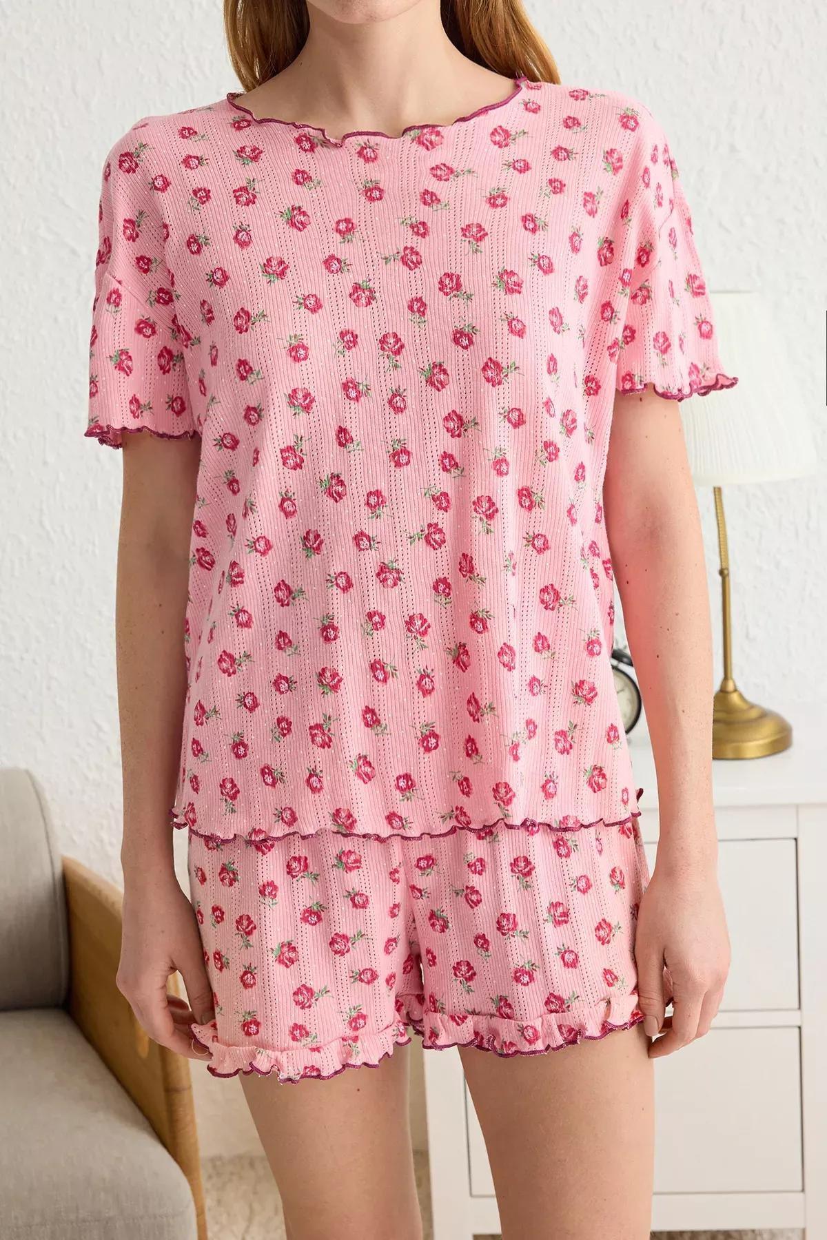 Pink Floral Pointel Openwork Pajama Set, , large image number 3