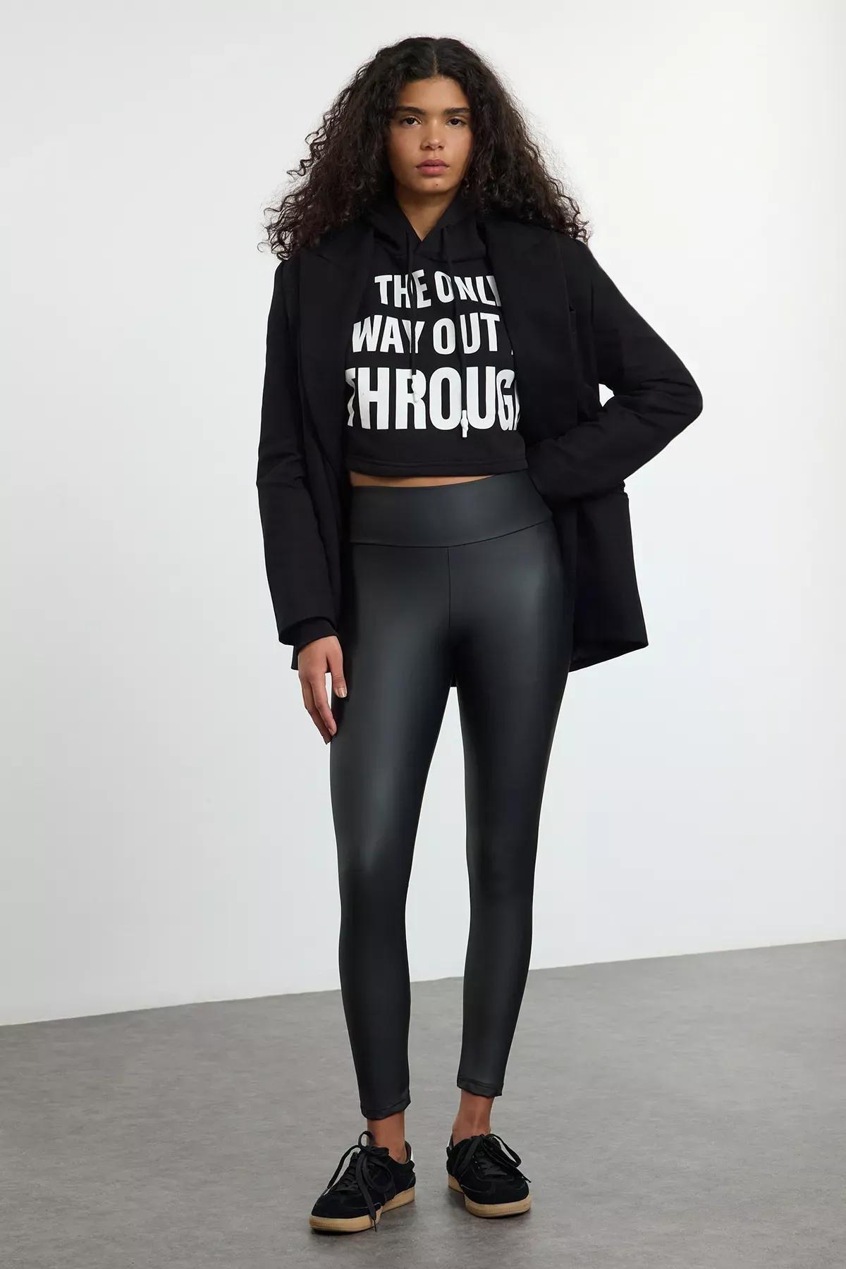 Grey Shiny Leather Look Leggings, Anthracite, large image number 3