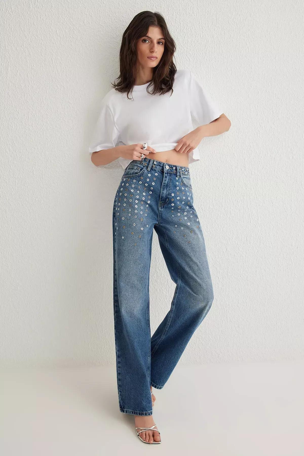 Blue Eyelet High-Waist Wide Jeans, , large image number 0