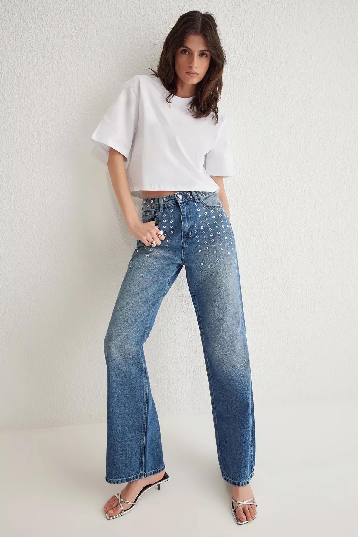 Blue Eyelet High-Waist Wide Jeans, , large image number 1