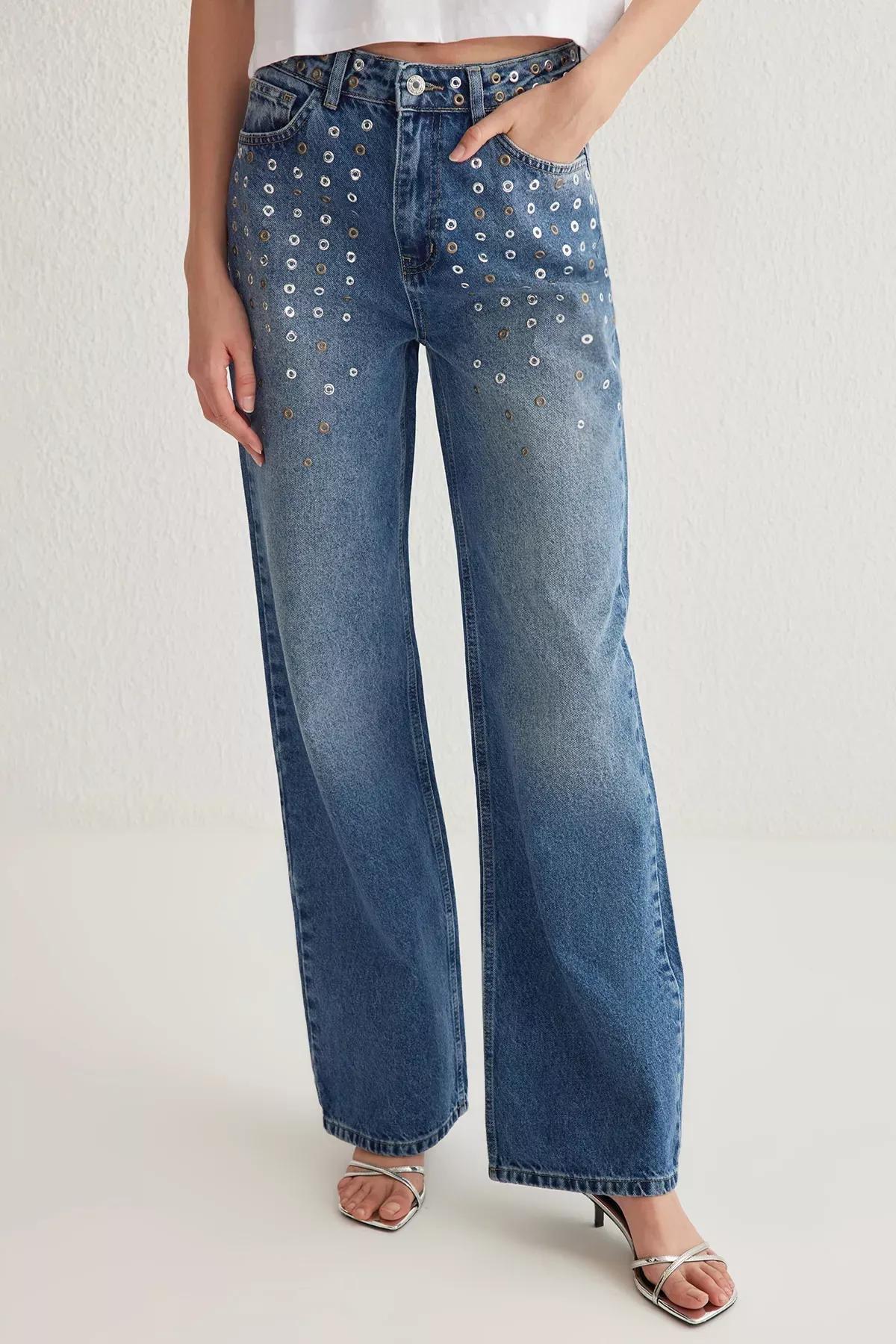 Blue Eyelet High-Waist Wide Jeans, , large image number 2