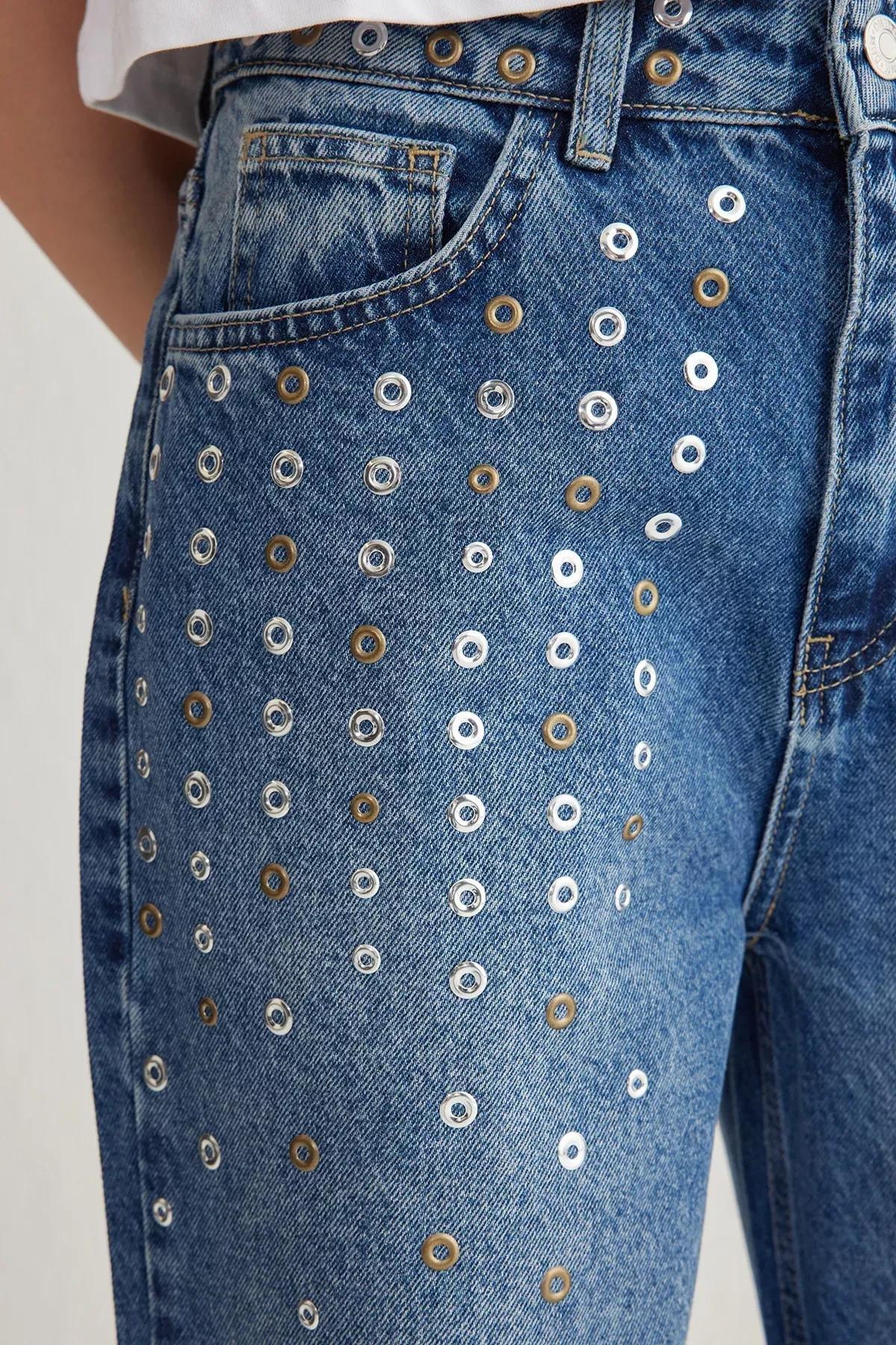 Blue Eyelet High-Waist Wide Jeans, , large image number 3