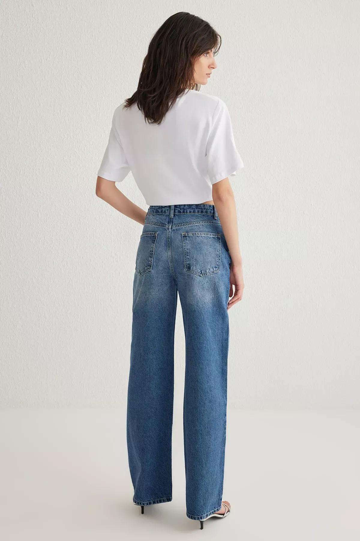 Blue Eyelet High-Waist Wide Jeans, , large image number 4