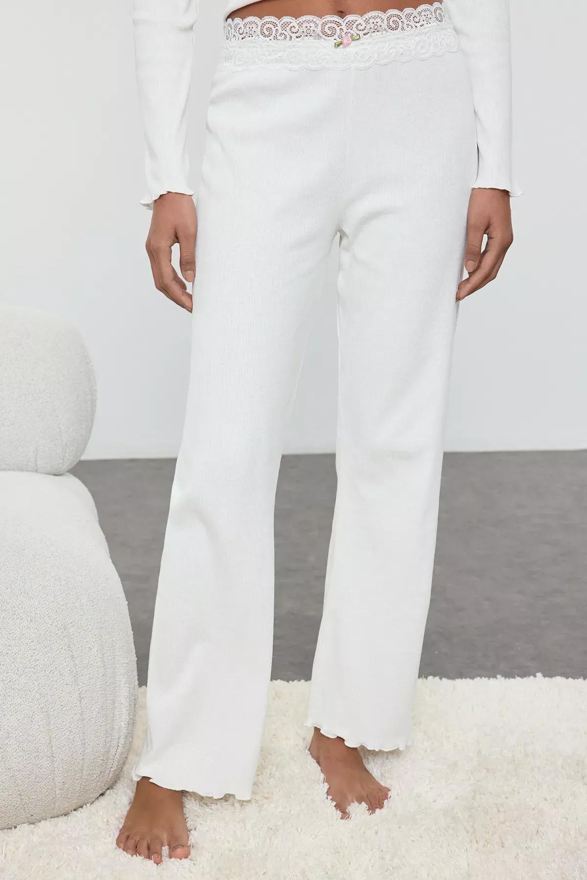 Beige Laced Ribbed Knitted Pyjamas Set, Ecru, large image number 1