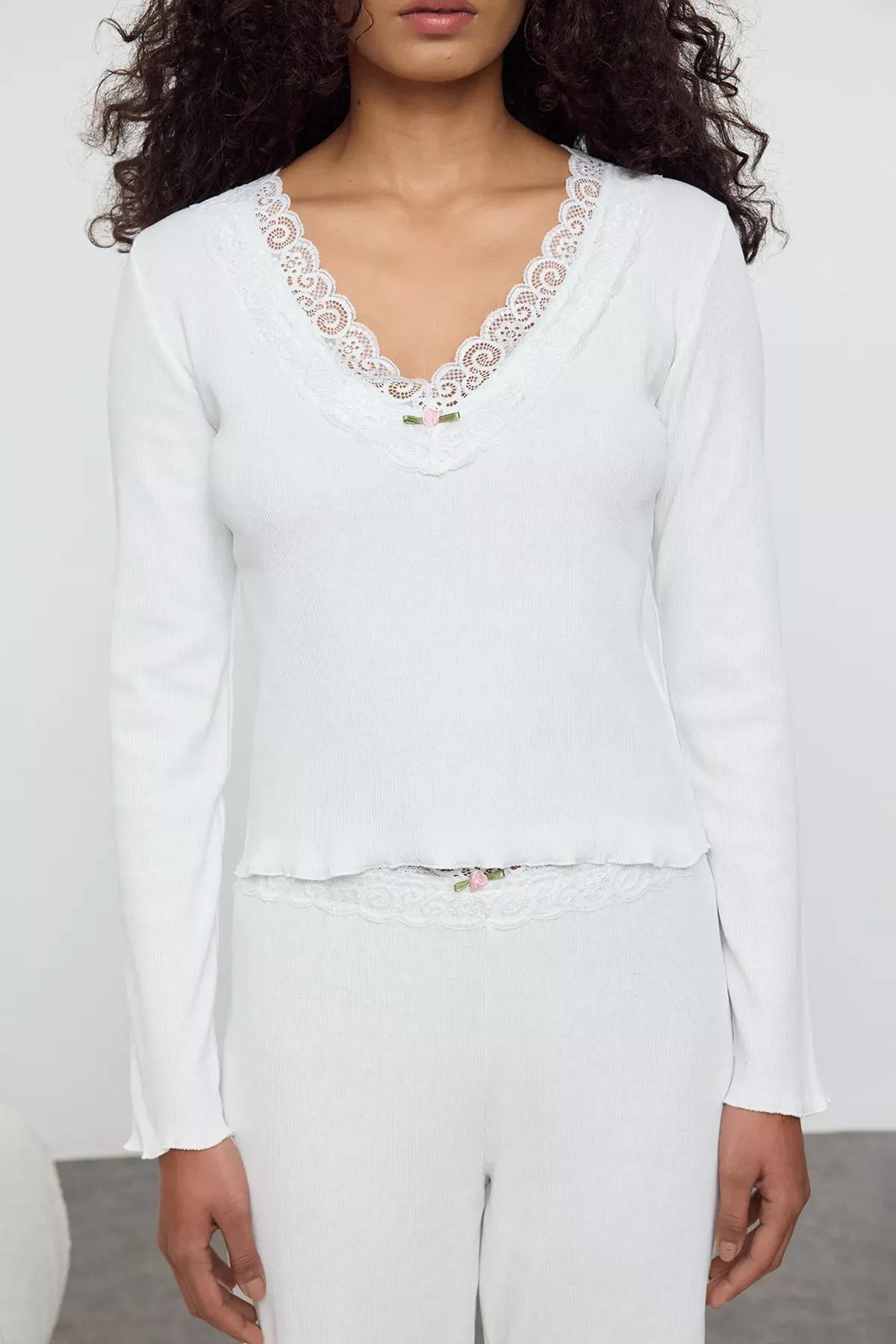 Beige Laced Ribbed Knitted Pyjamas Set, Ecru, large image number 3