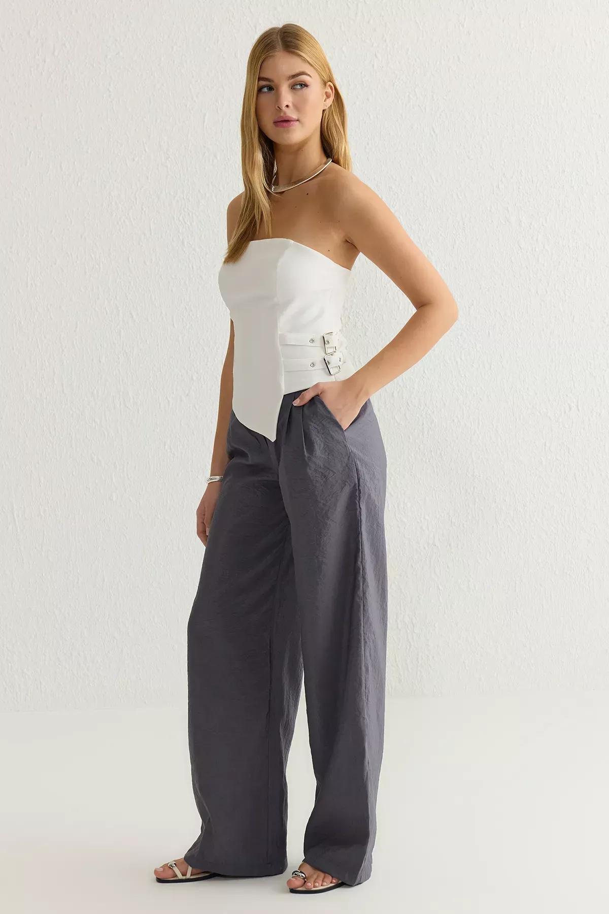 Grey Modal Wide Leg Trousers, , large image number 1