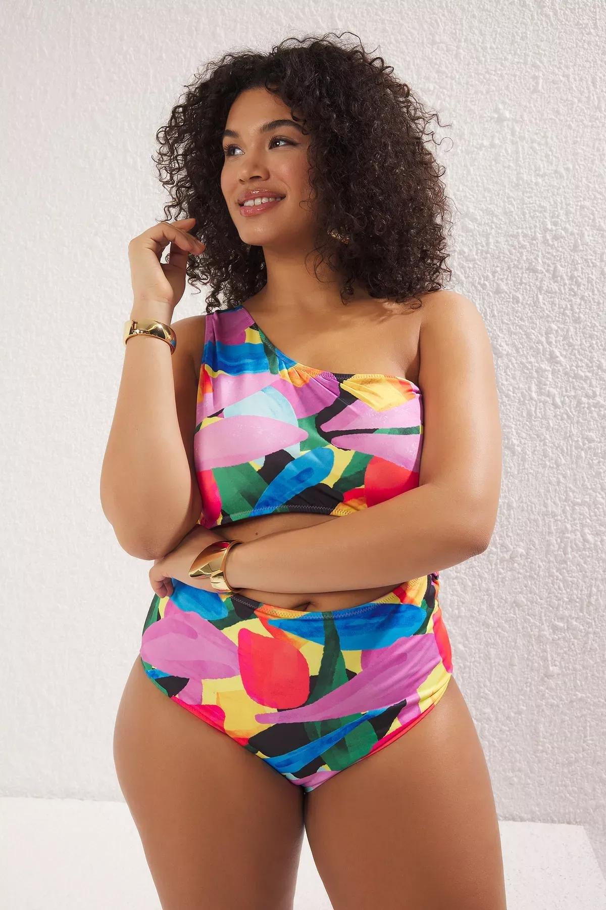 Multicolour One Shoulder Detailed Patterned Swimsuit, C101_7382, large image number 0
