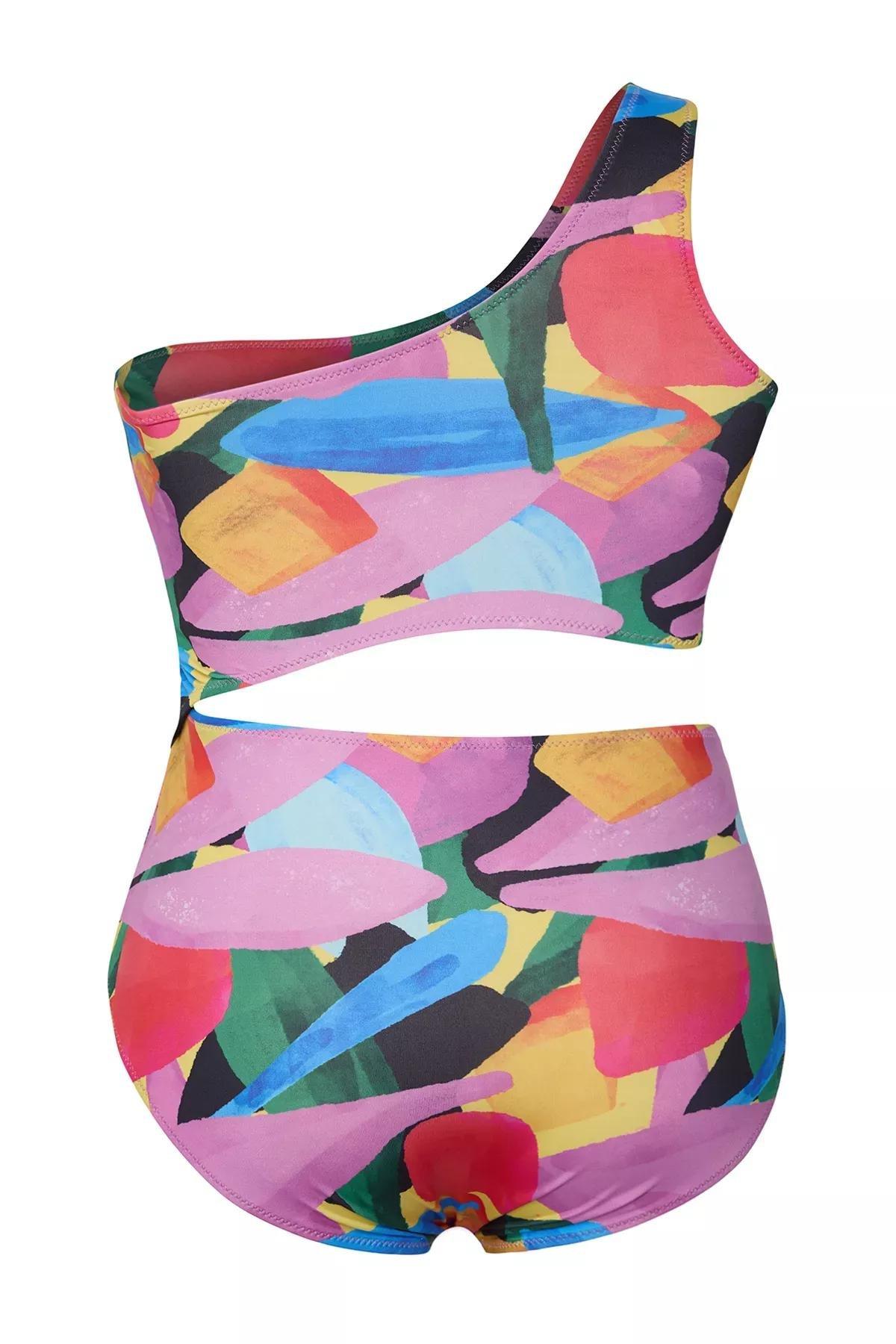 Multicolour One Shoulder Detailed Patterned Swimsuit, C101_7382, large image number 3