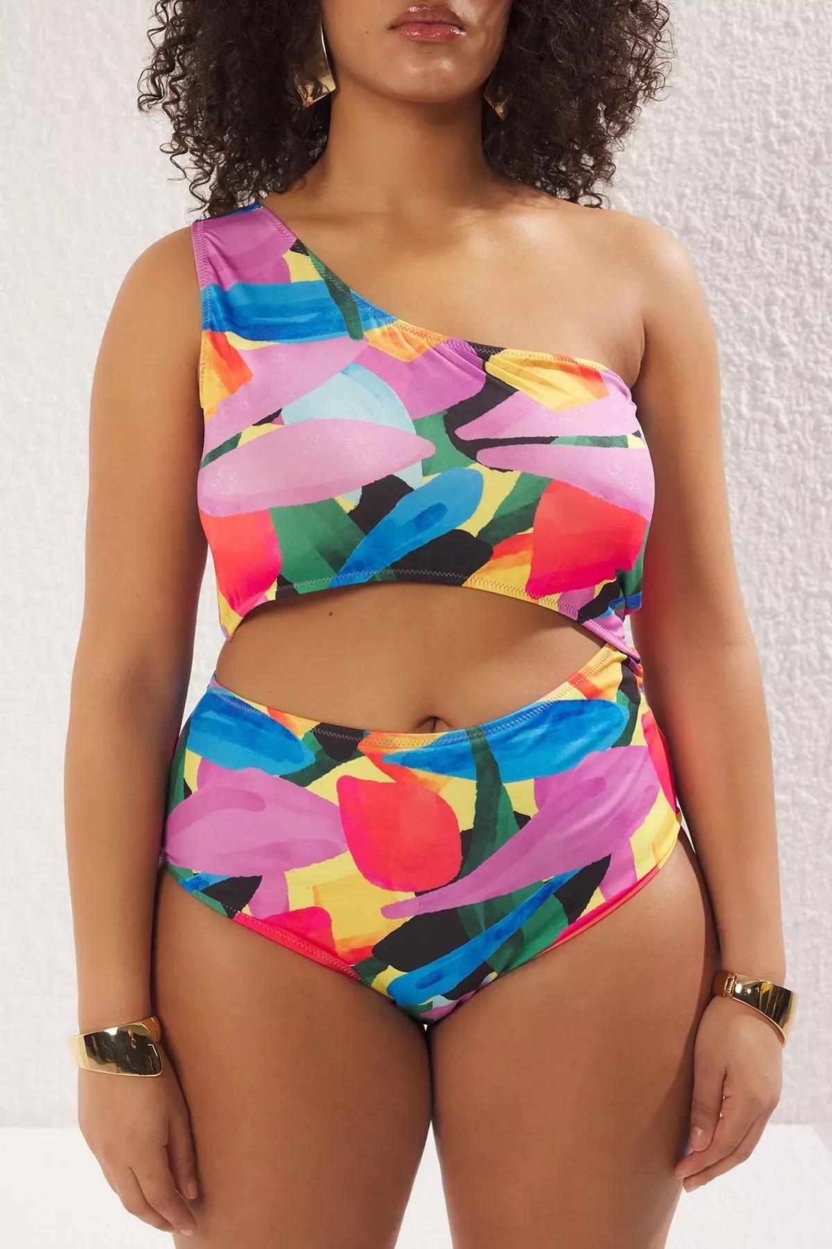 Multicolour One Shoulder Detailed Patterned Swimsuit, C101_7382, large image number 4
