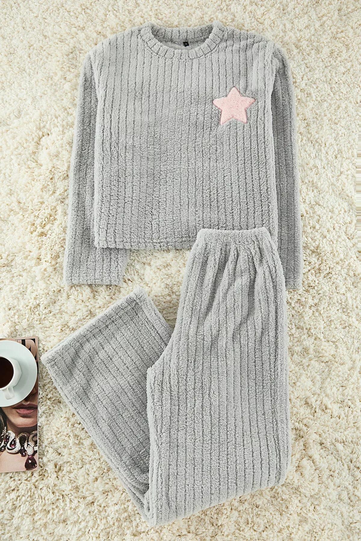 Grey Star Embroidered Striped Pajama Set, Grey, large image number 0