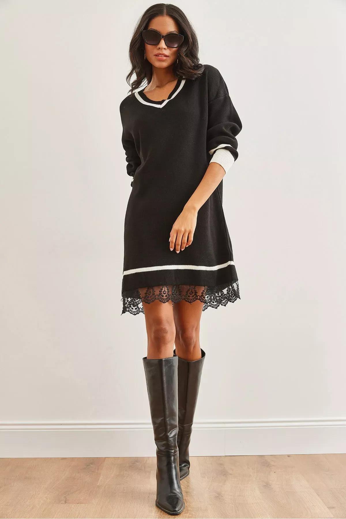 Black V-Neck Lace Detailed Knit Dress, BLACK, large image number 0