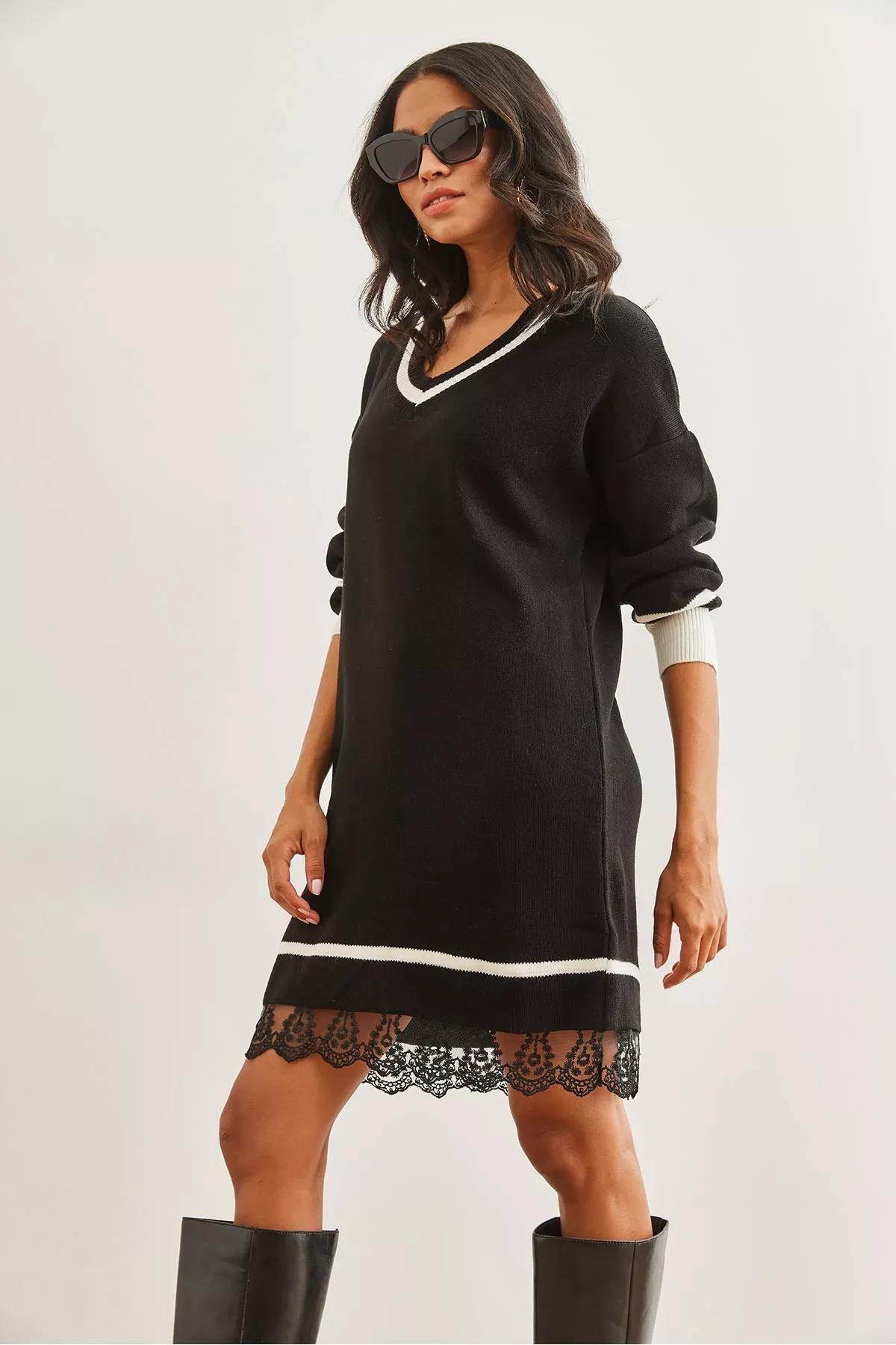 Black V-Neck Lace Detailed Knit Dress, BLACK, large image number 1