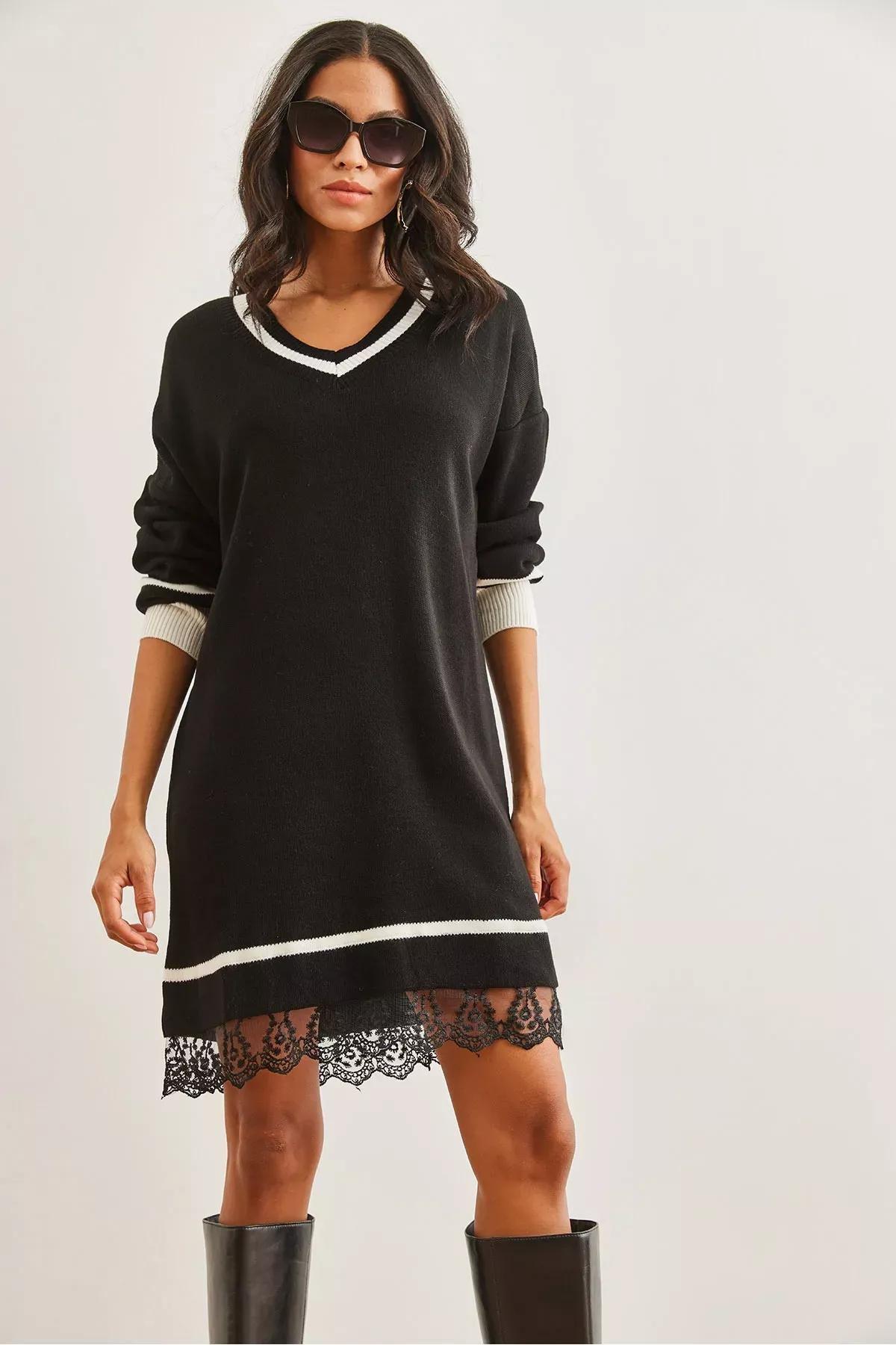 Black V-Neck Lace Detailed Knit Dress, BLACK, large image number 2
