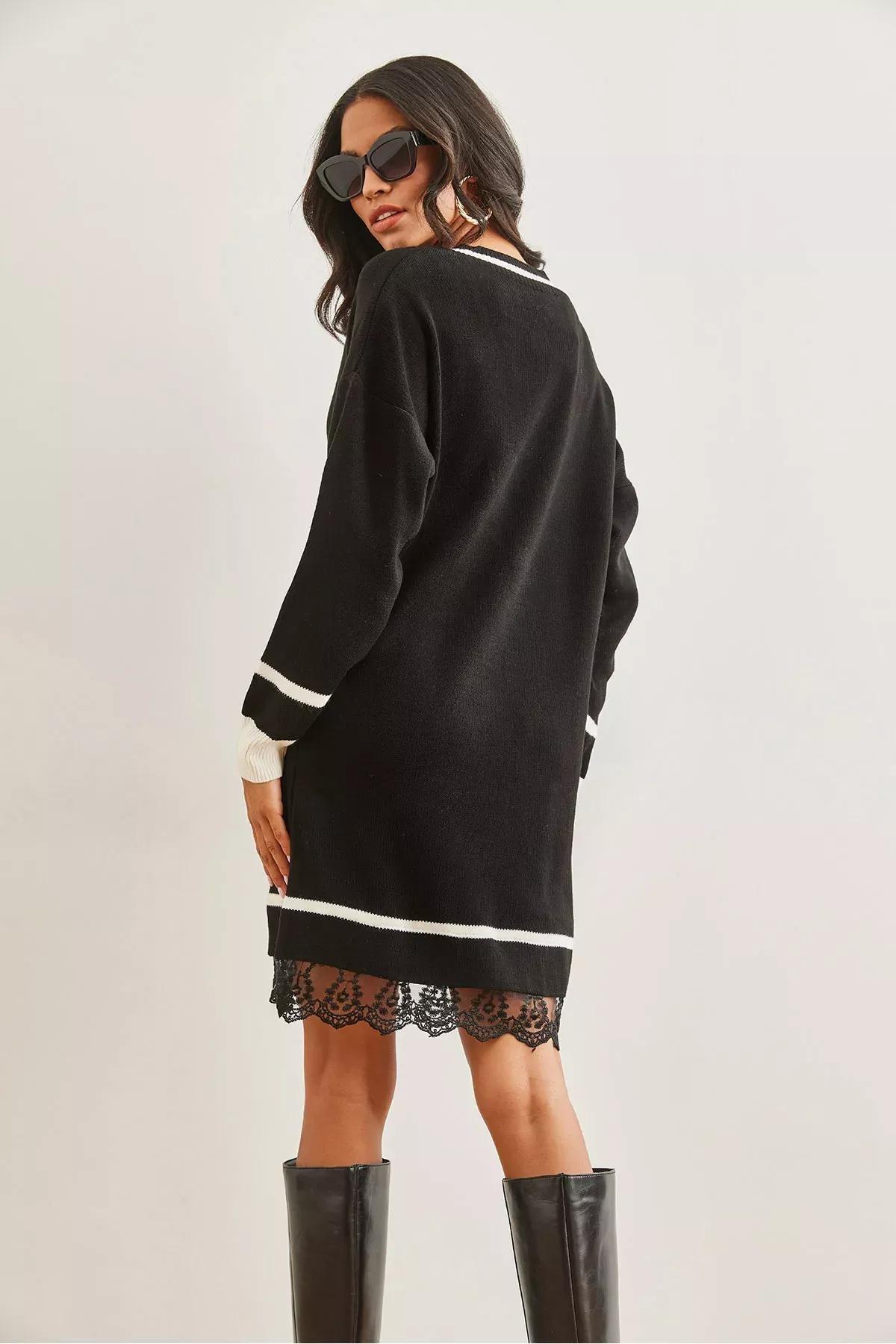 Black V-Neck Lace Detailed Knit Dress, BLACK, large image number 4