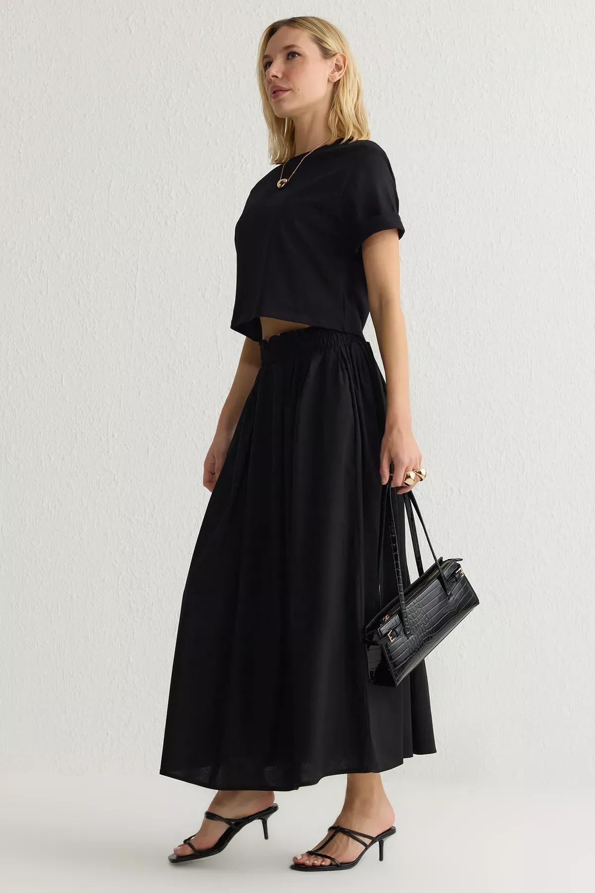 Black Flared Maxi Elastic Waist Skirt, , large image number 0