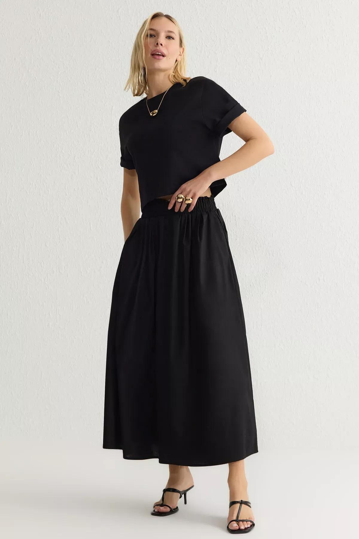 Black Flared Maxi Elastic Waist Skirt, , large image number 1