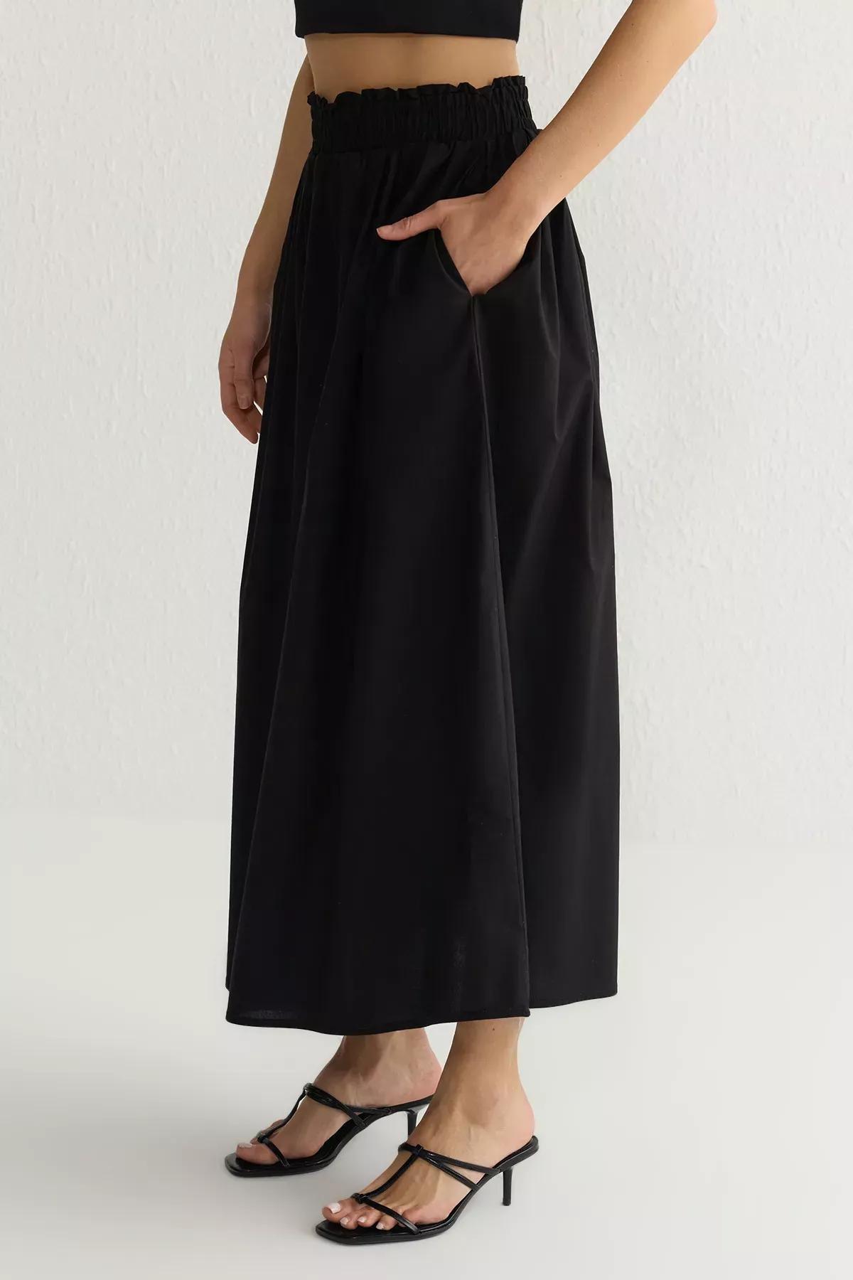 Black Flared Maxi Elastic Waist Skirt, , large image number 3
