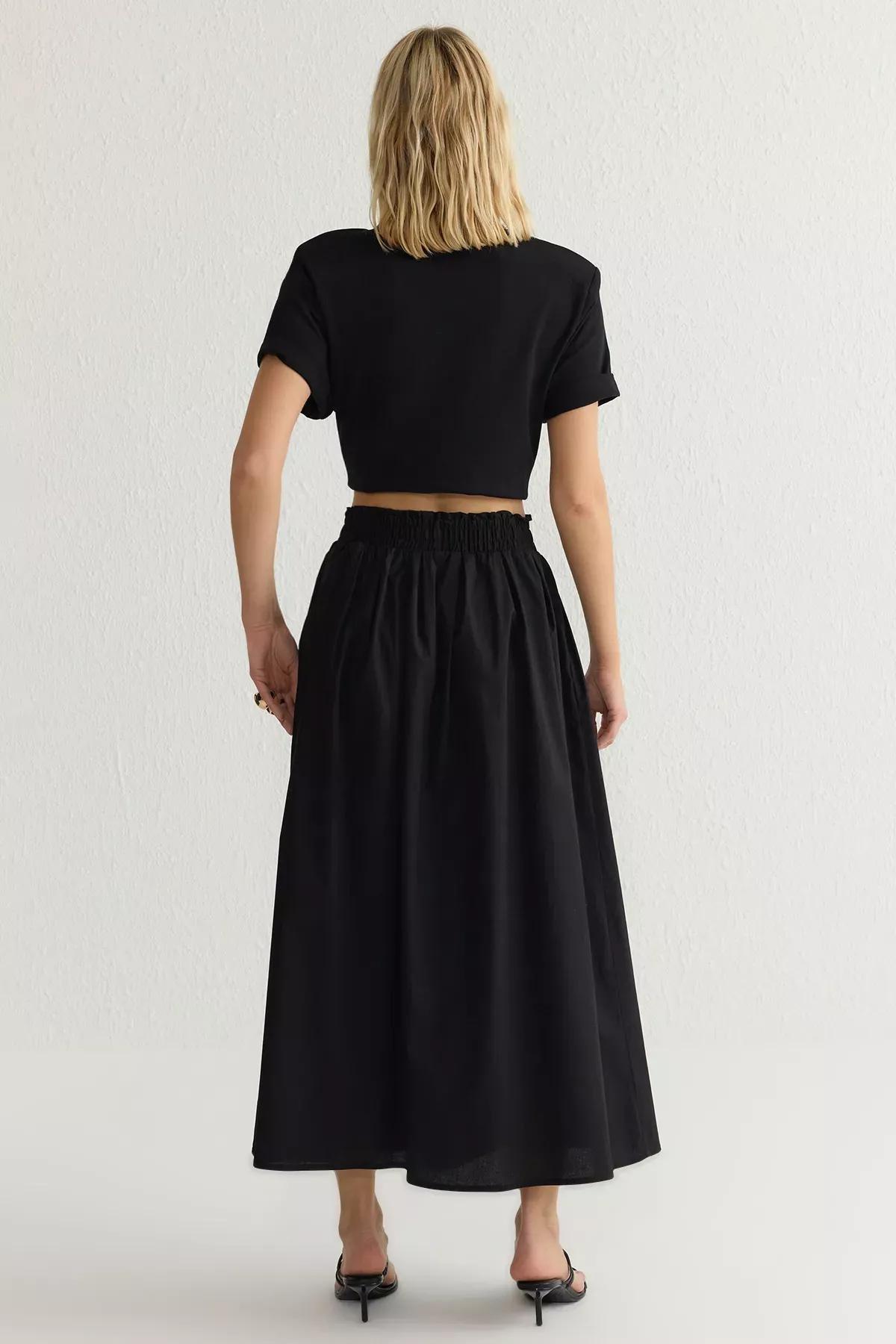 Black Flared Maxi Elastic Waist Skirt, , large image number 4