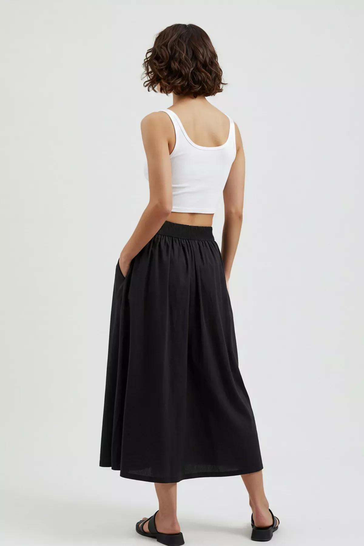 Black Flared Maxi Elastic Waist Skirt, , large image number 5