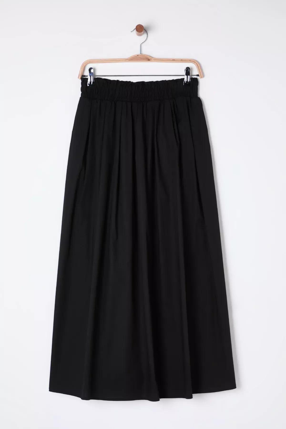 Black Flared Maxi Elastic Waist Skirt, , large image number 6