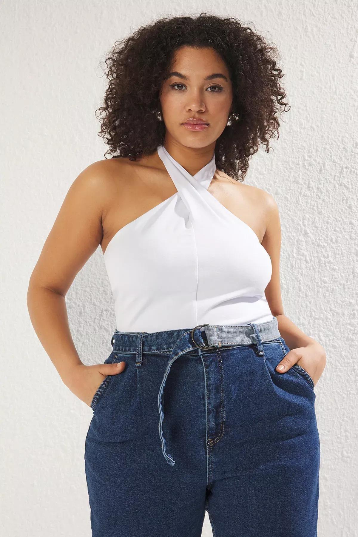 White Jersey Knit Plus Blouse, White, large image number 0