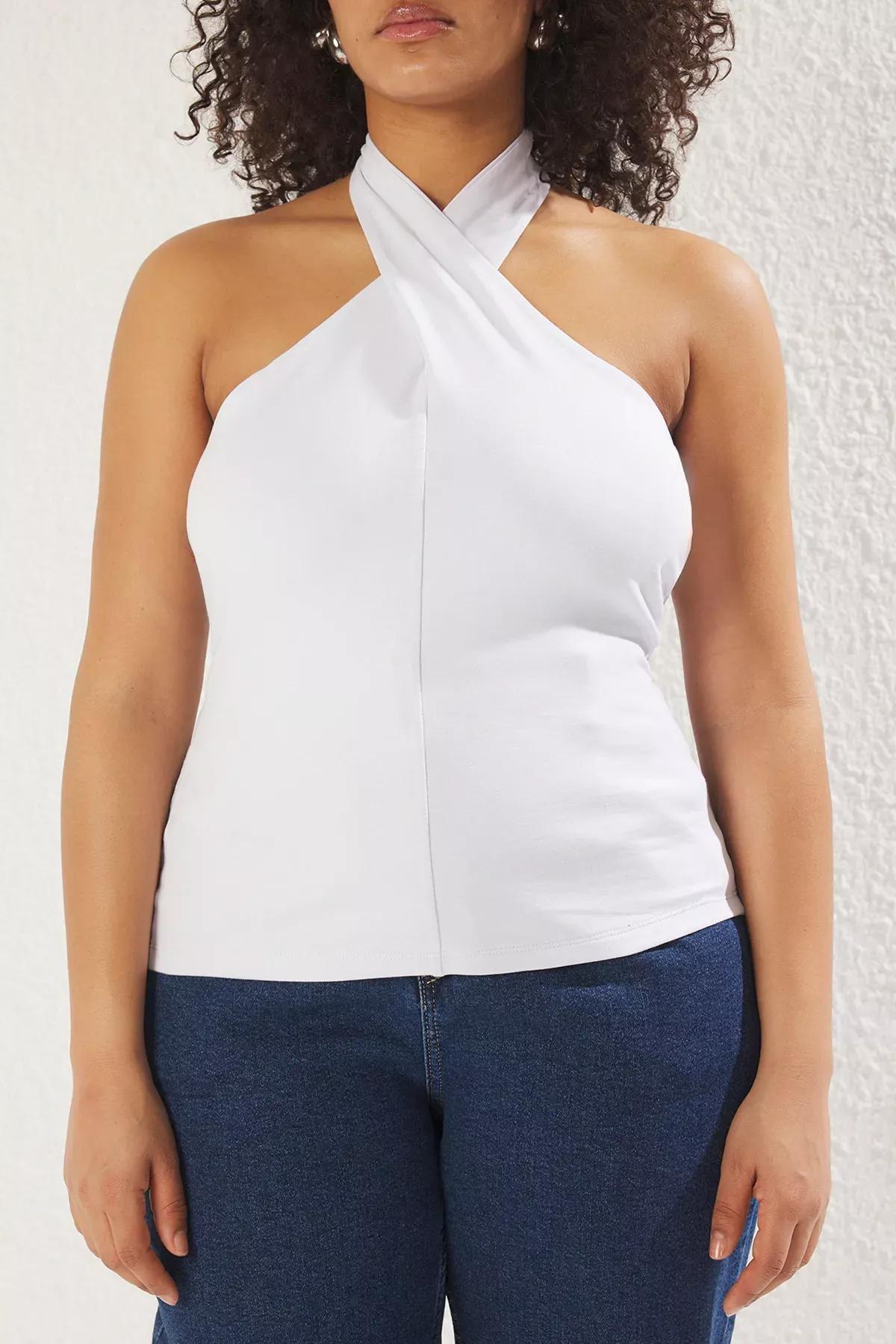 White Jersey Knit Plus Blouse, White, large image number 3