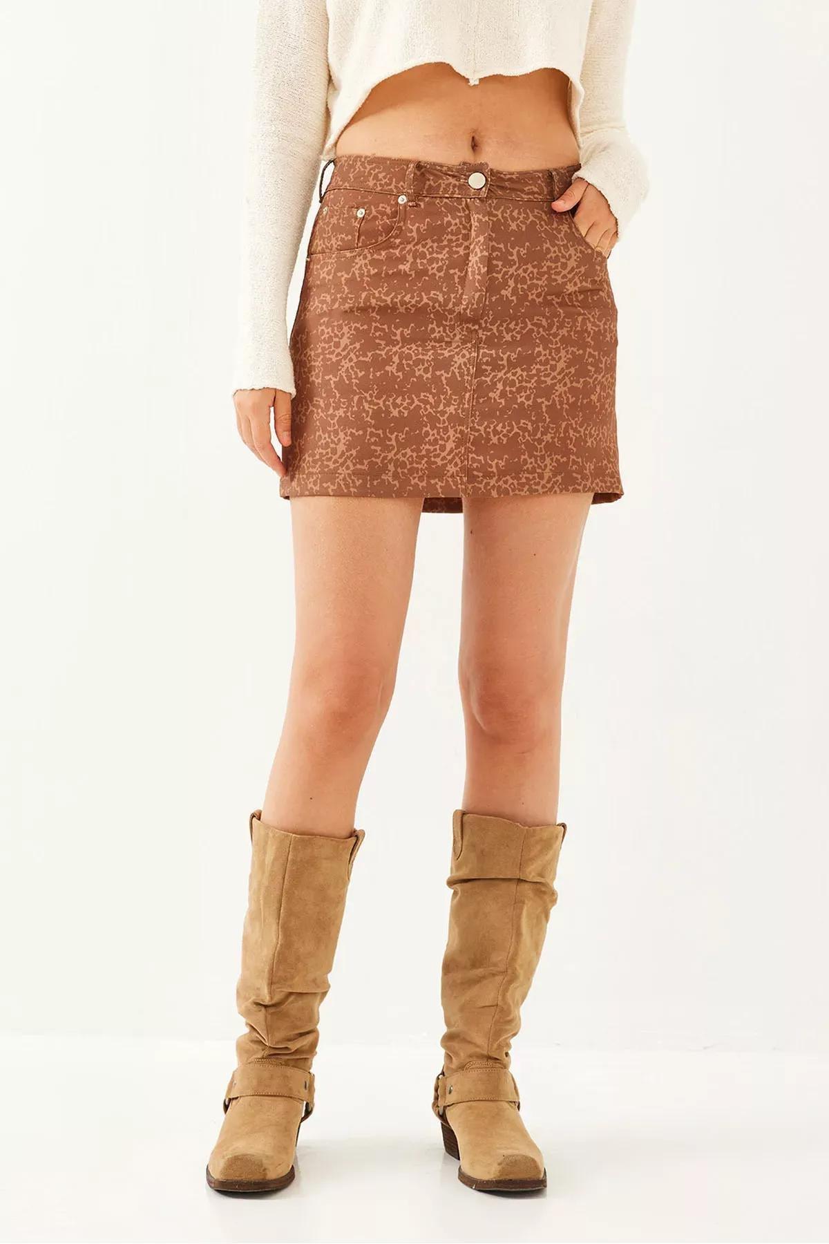 Brown Leopard Print Mini Skirt, , large image number 0