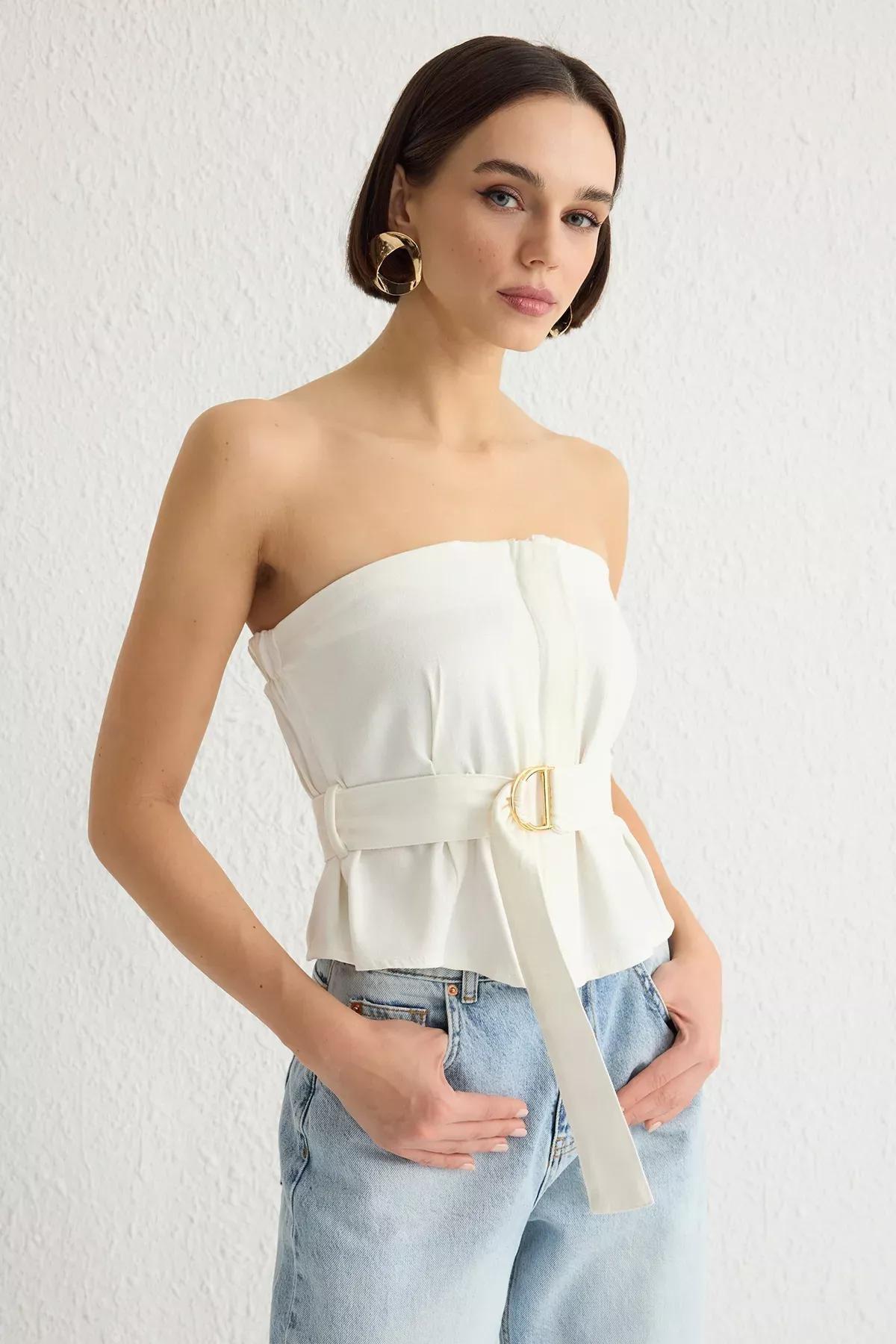 Beige Crop Woven Blouse, Ecru, large image number 0