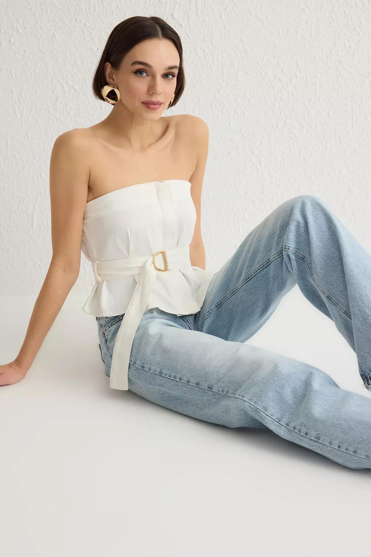 Beige Crop Woven Blouse, Ecru, large image number 1