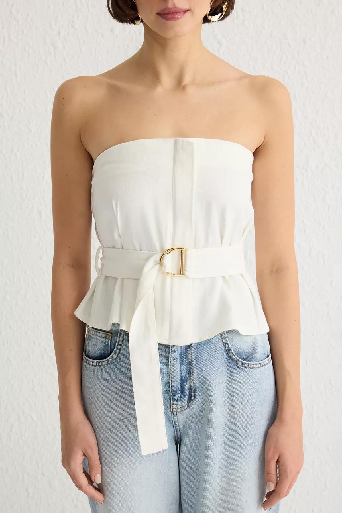 Beige Crop Woven Blouse, Ecru, large image number 2