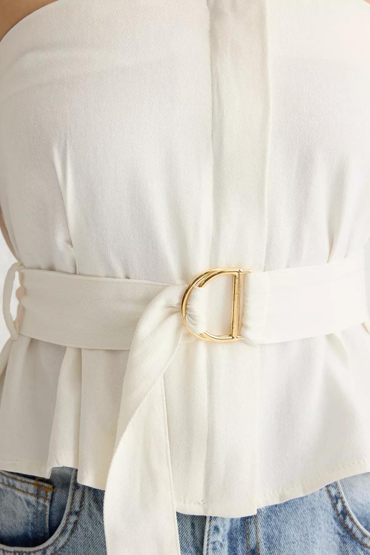 Beige Crop Woven Blouse, Ecru, large image number 3