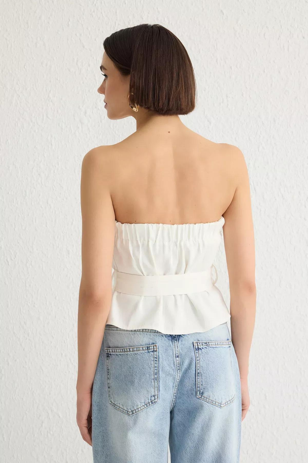 Beige Crop Woven Blouse, Ecru, large image number 4