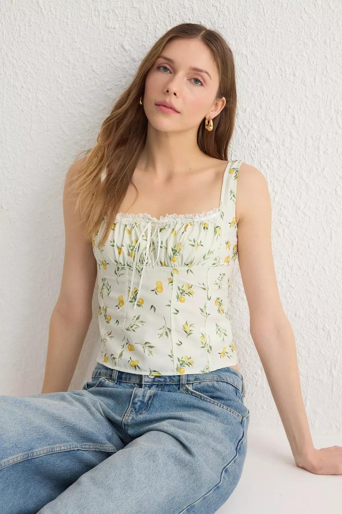 Beige Lemon Patterned Crop Top, Ecru, large image number 0