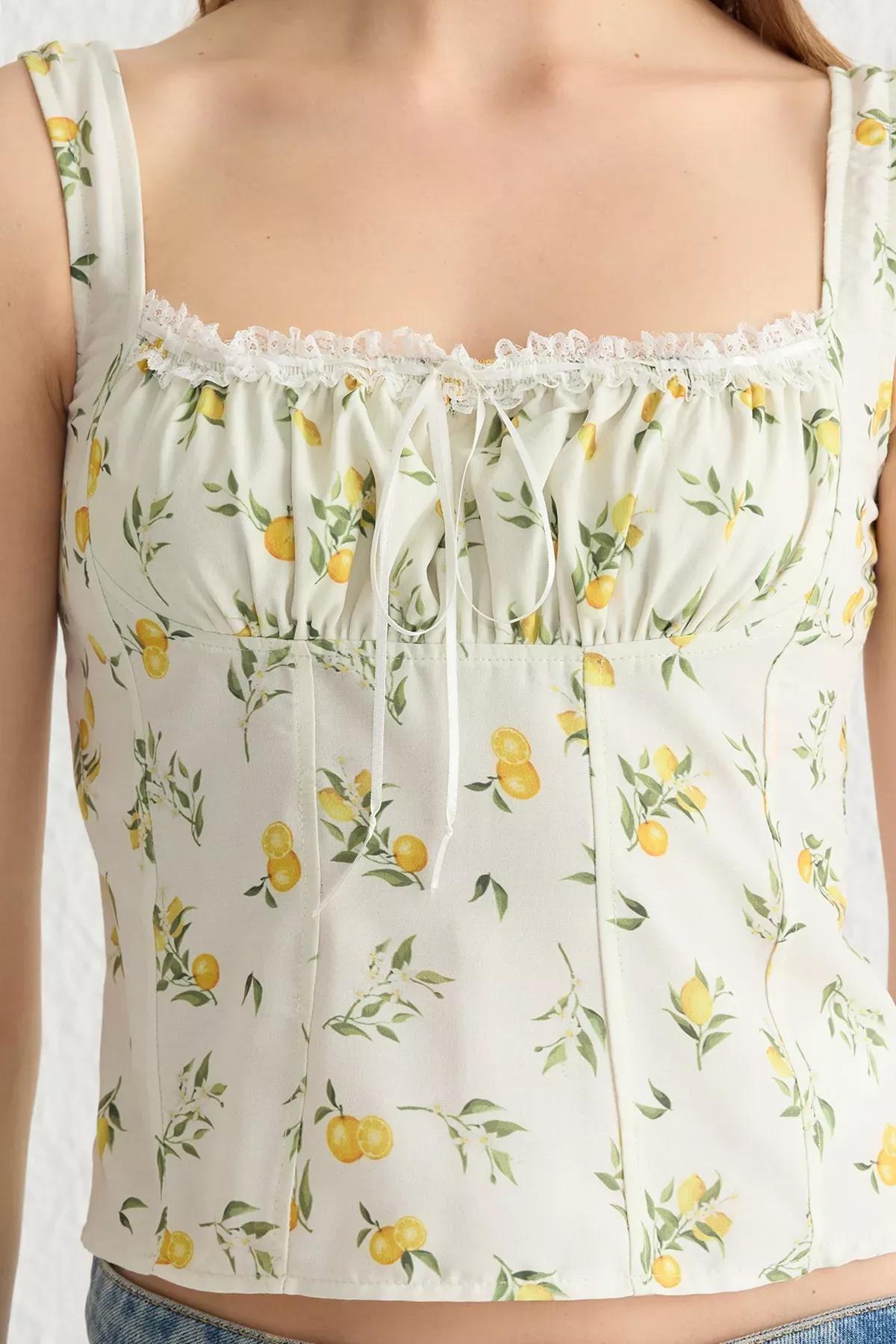 Beige Lemon Patterned Crop Top, , large image number 3