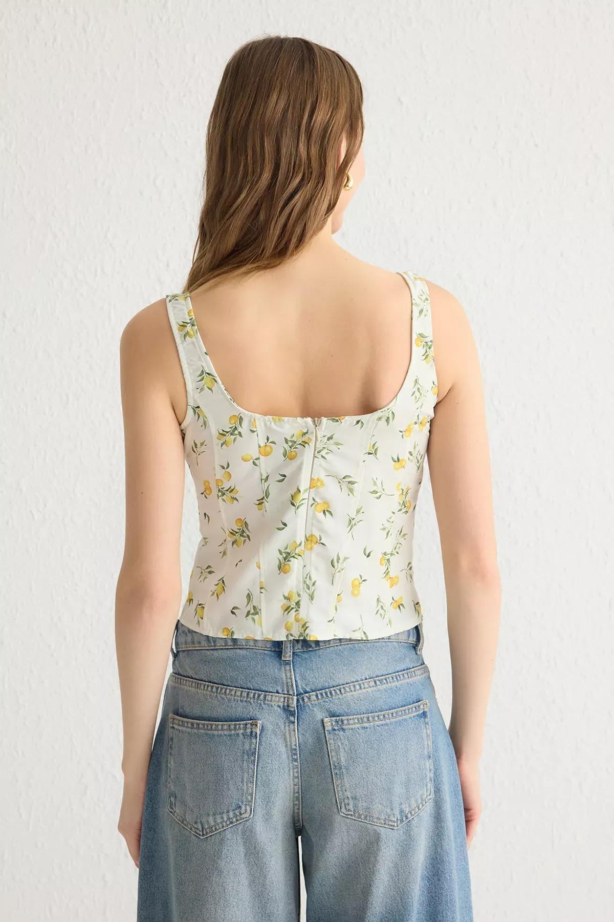 Beige Lemon Patterned Crop Top, Ecru, large image number 5